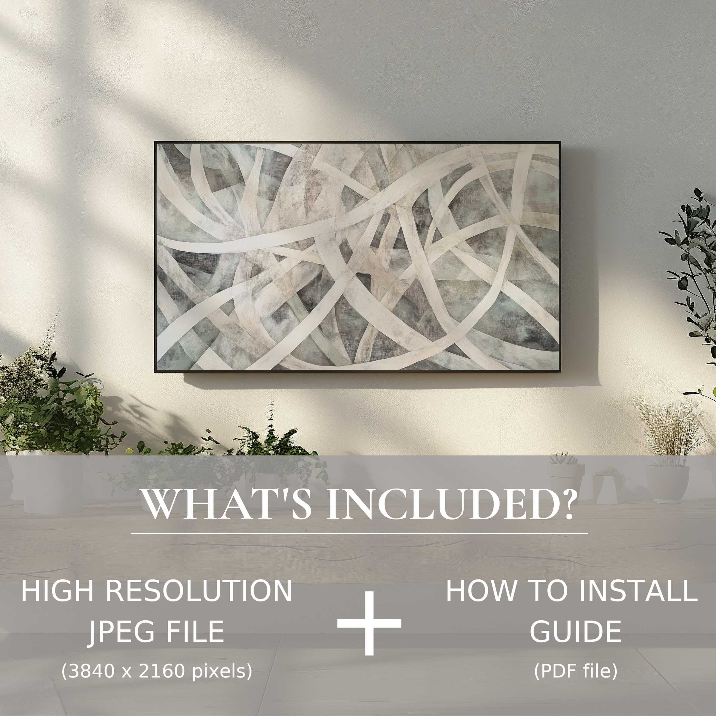 Modern living room enhanced by abstract digital TV art download, offering easy digital use and chic space elevation