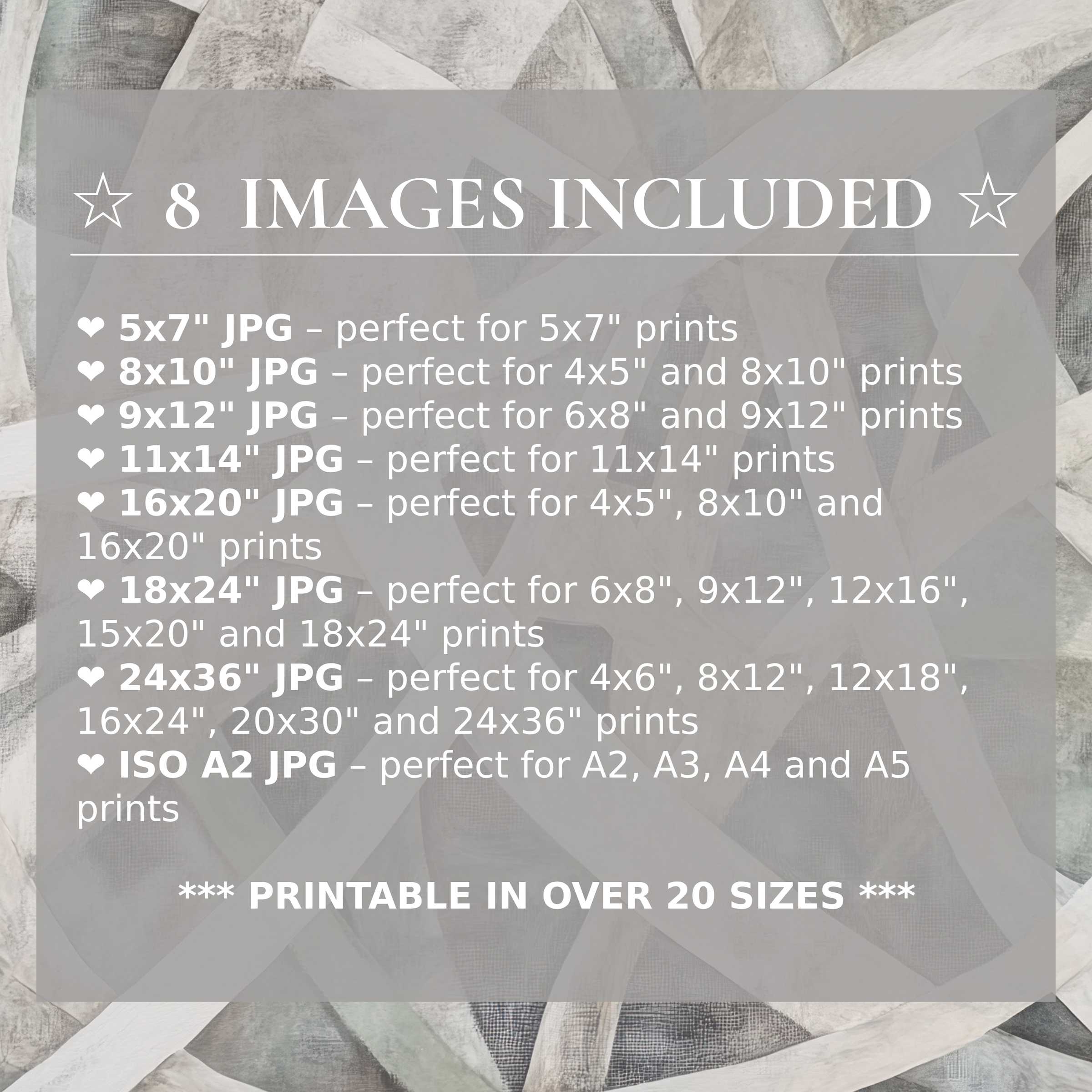 Sophisticated abstract digital print in serene grays and whites, offering 8 high-quality sizes to elevate modern interiors with versatile elegance