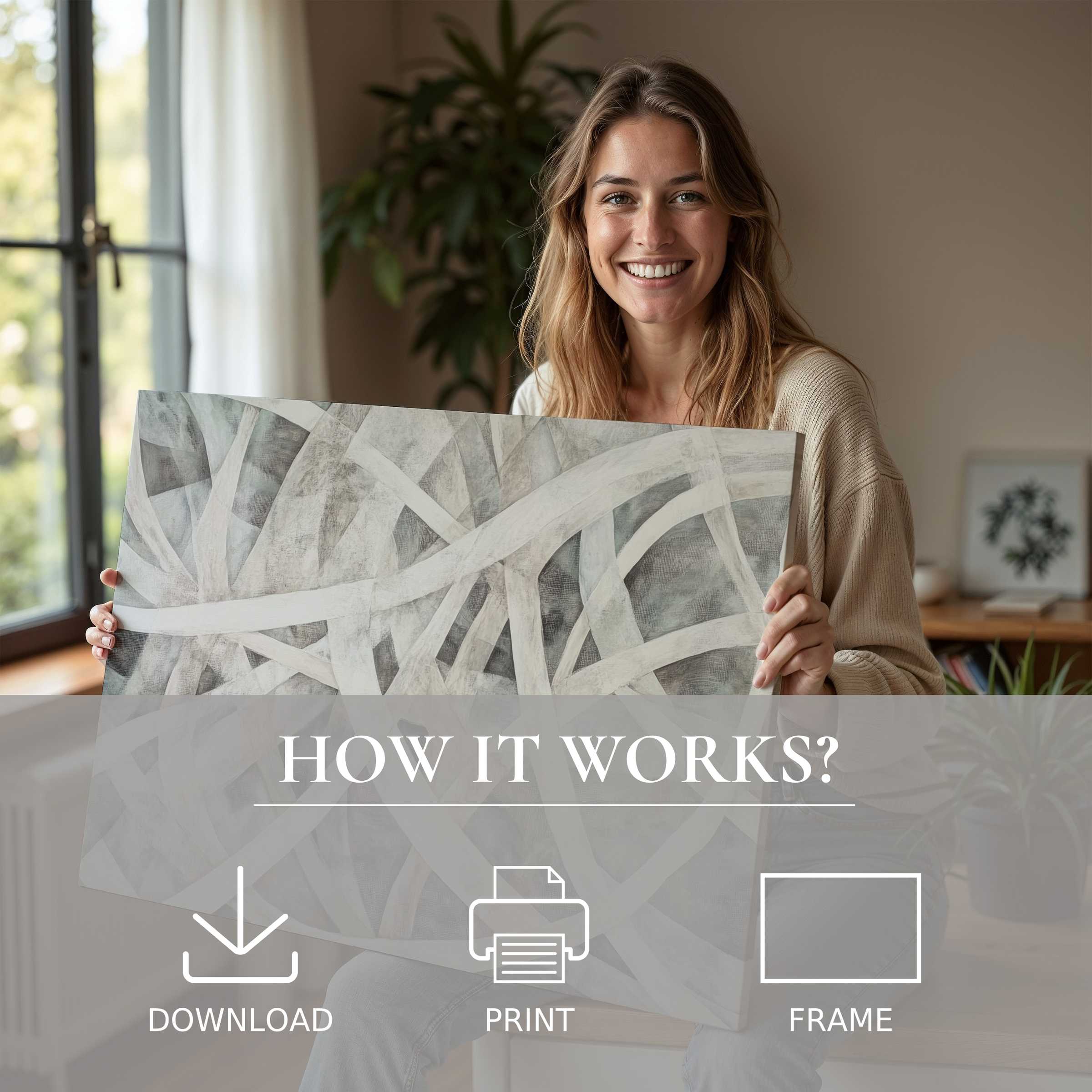 Radiant joy in a modern home as an abstract digital art print transforms the space-seamless beauty in every curated moment