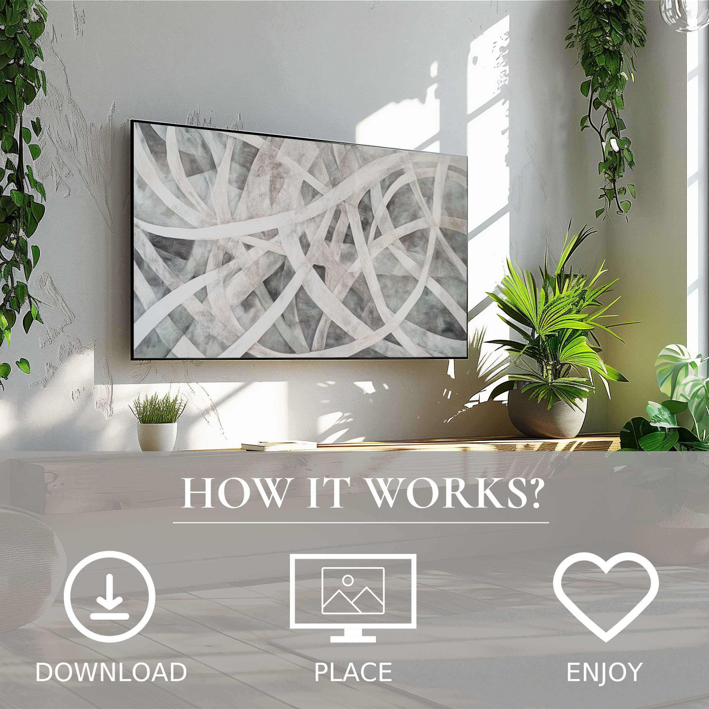 Abstract art for Samsung TV with soft gray tones and flowing lines, easy digital download enriches modern living spaces
