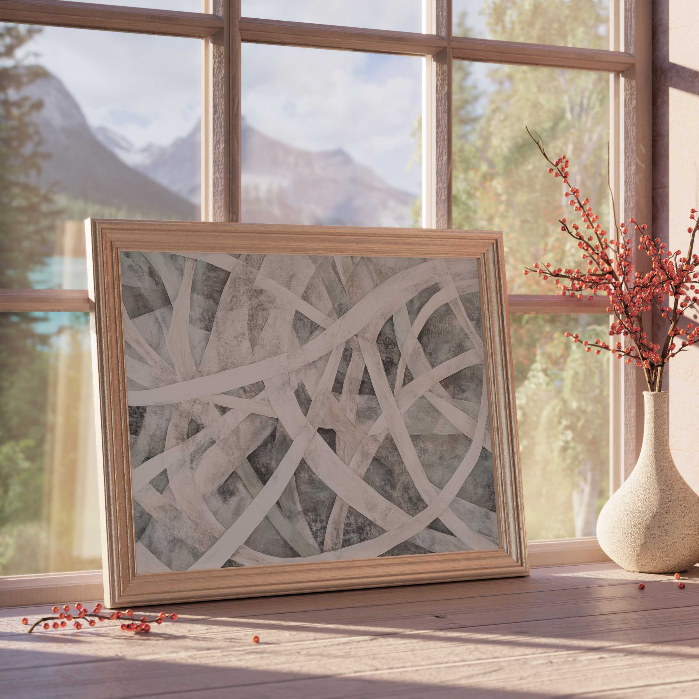 Abstract downloadable art with intertwined soft grays and muted whites, elevating serene, design-forward interiors with calm sophistication