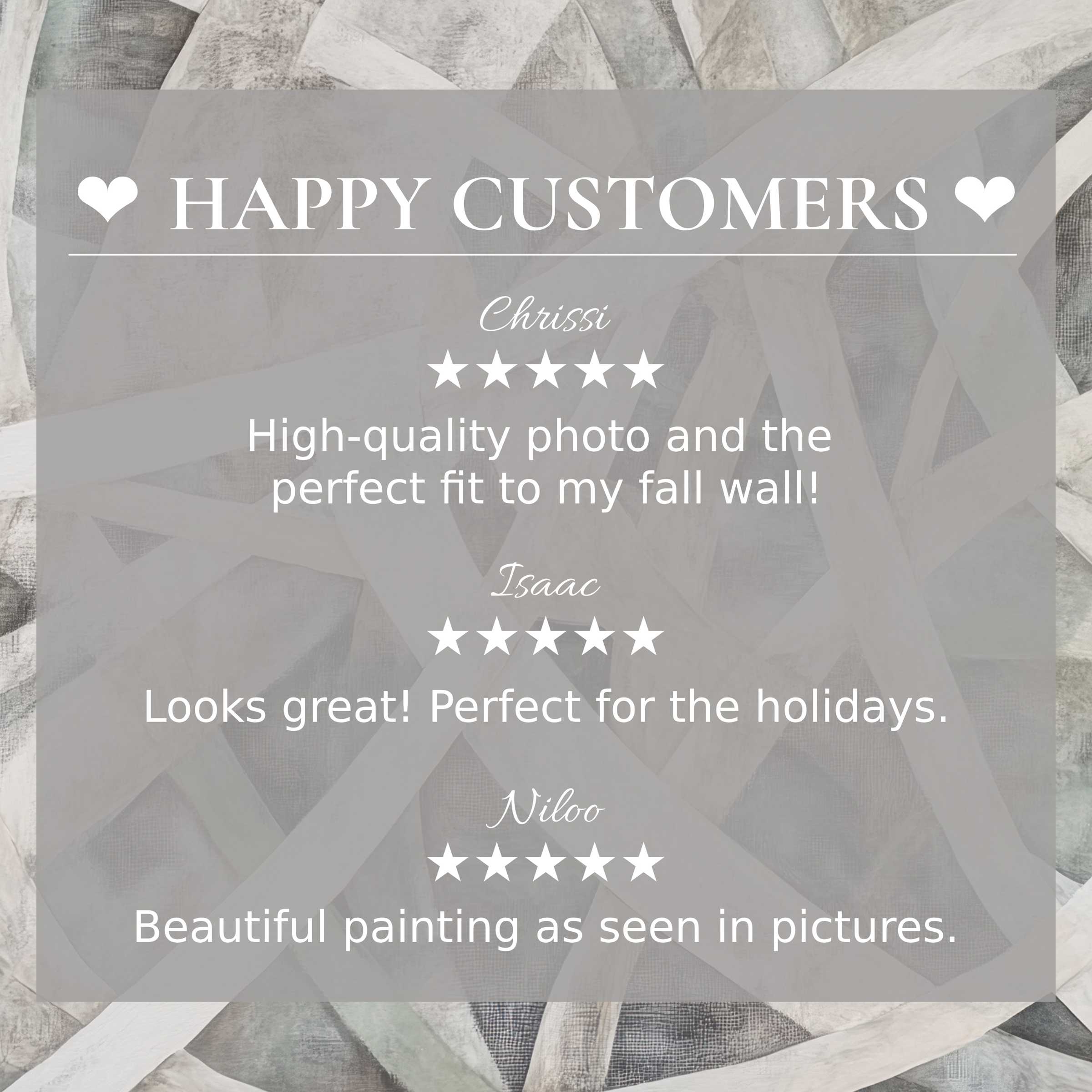 Elegant abstract art for Frame TV with layered neutral tones, paired with glowing reviews from a happy customer