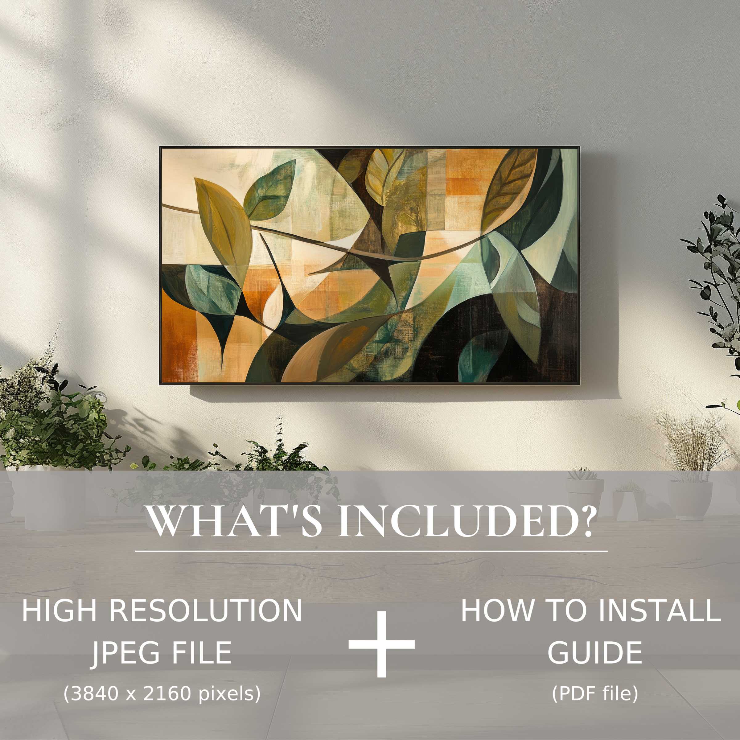 Elegant living room with modern digital TV art download, easy to use, enhancing your stylish home decor ambiance