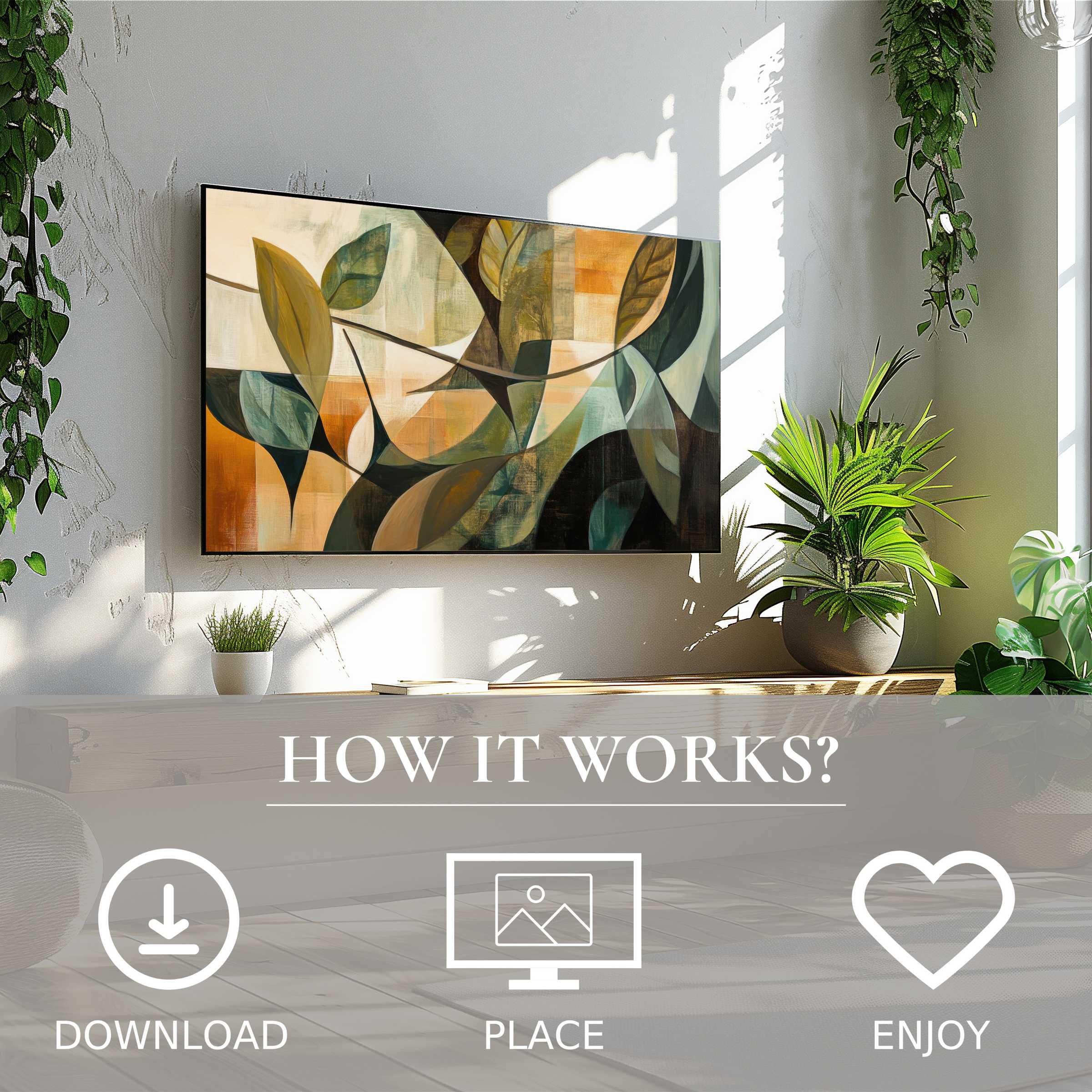 Modern art for Samsung TV showing soft earth-tone leaves, easy digital download enhances stylish living space
