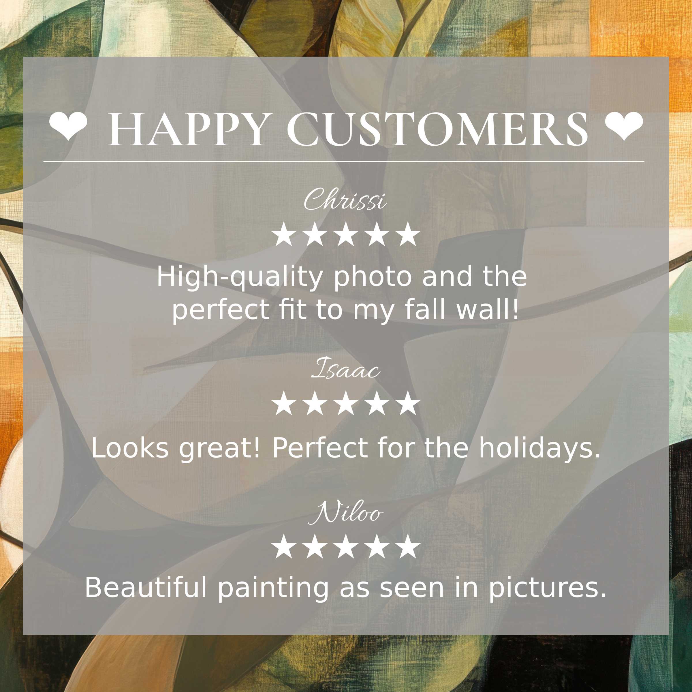 Elegant modern art for Frame TV with abstract sunset hues, highlighting happy customer reviews that build trust and style