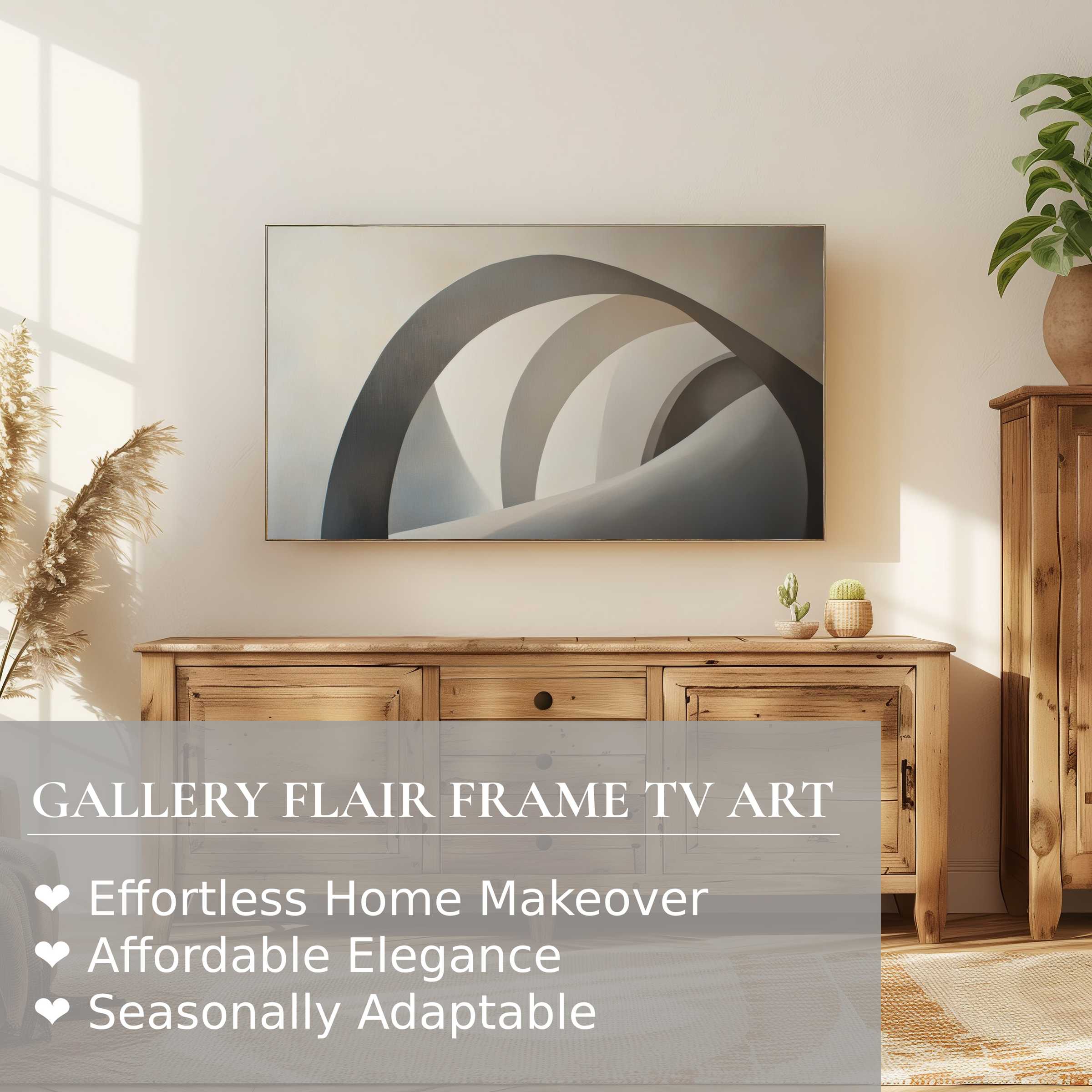 Samsung Frame TV displays neutral digital artwork of elegant arches in a warm, modern living space