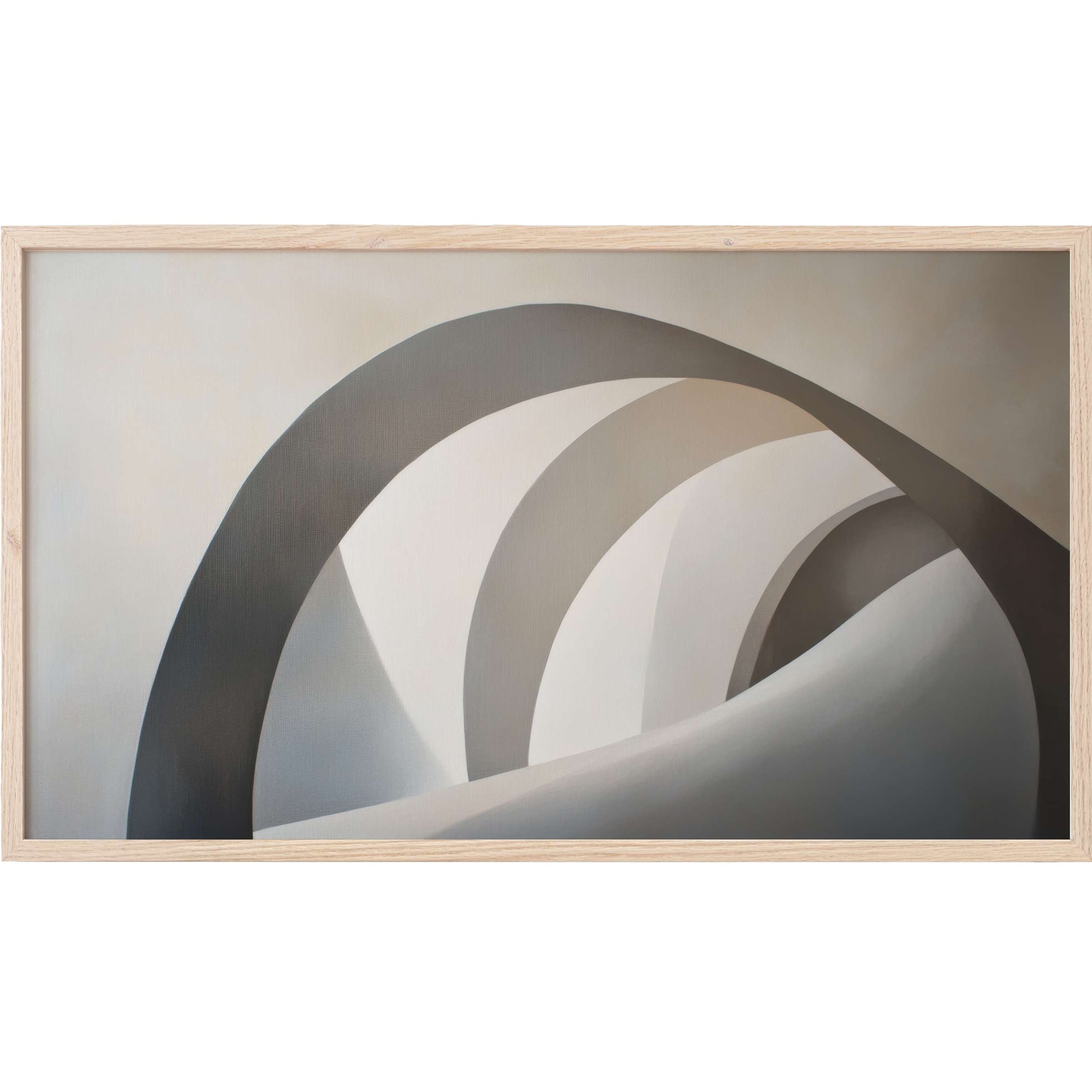 Elegant abstract arches in soft neutrals and greys create a serene flow in this minimalist neutral Frame TV Art
