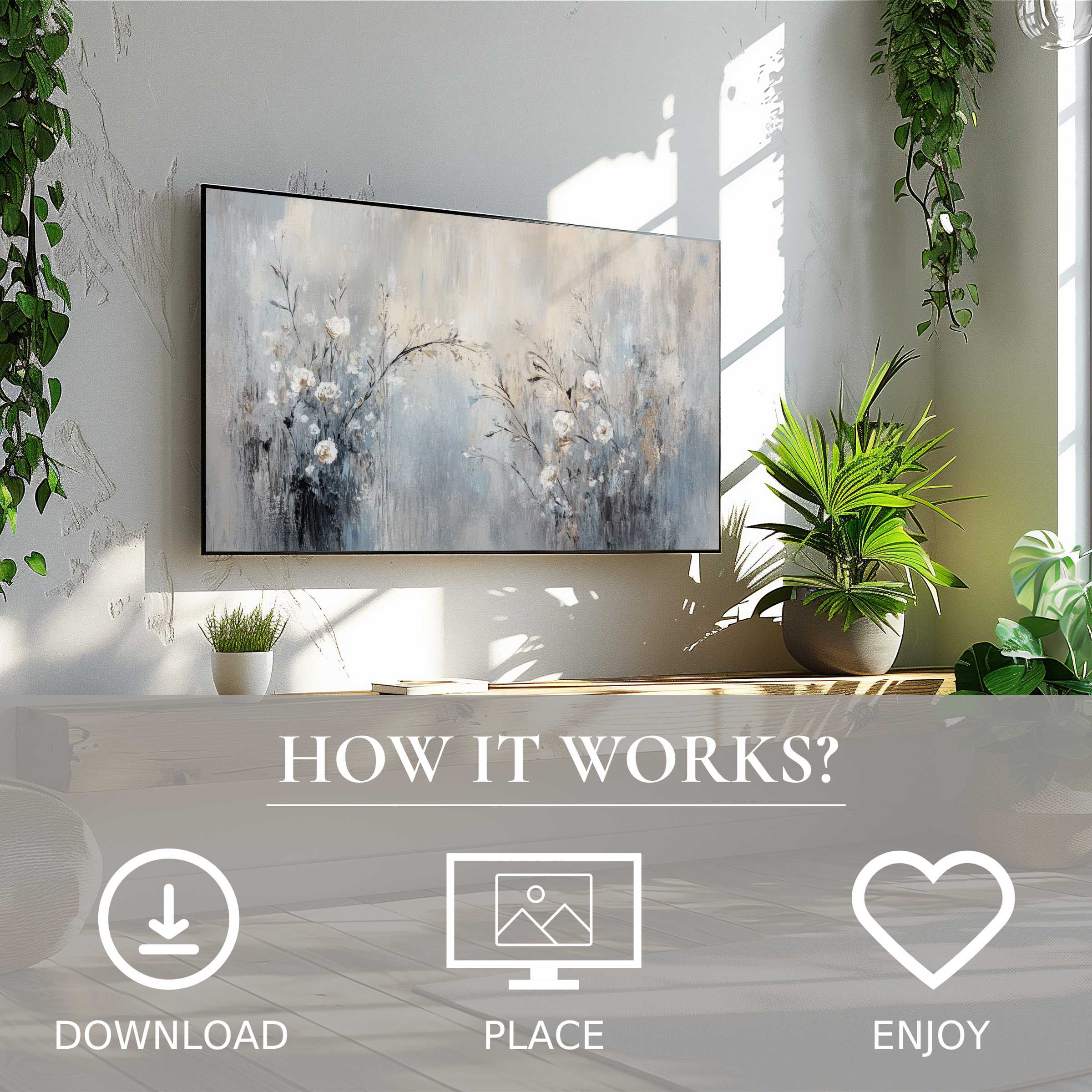 Botanical art for Samsung TV with soft gray-blue floral flow, easy digital download enriches your modern living space