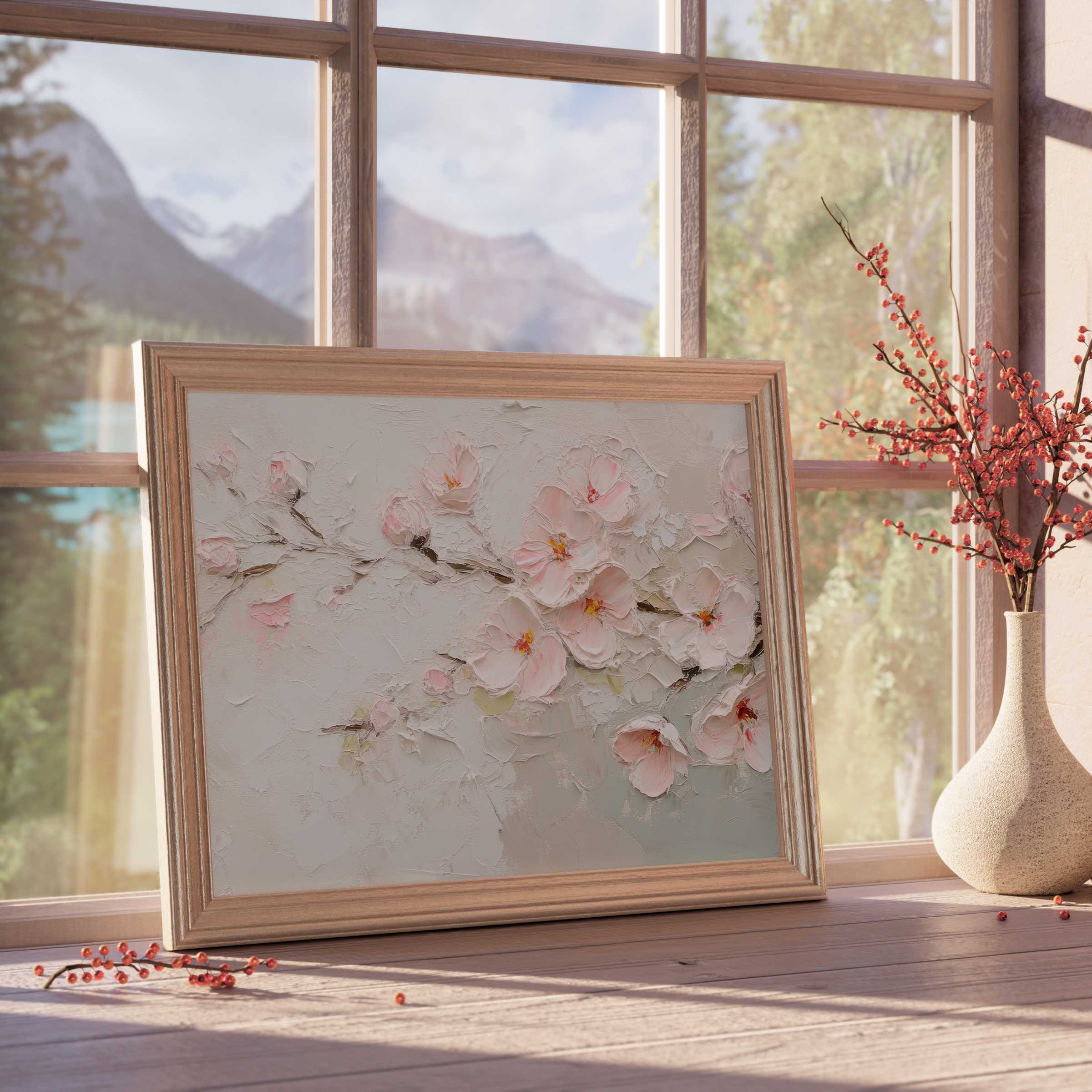 Spring downloadable art capturing delicate pink blossoms in soft impasto texture, infusing serene, curated interiors with timeless elegance and calm