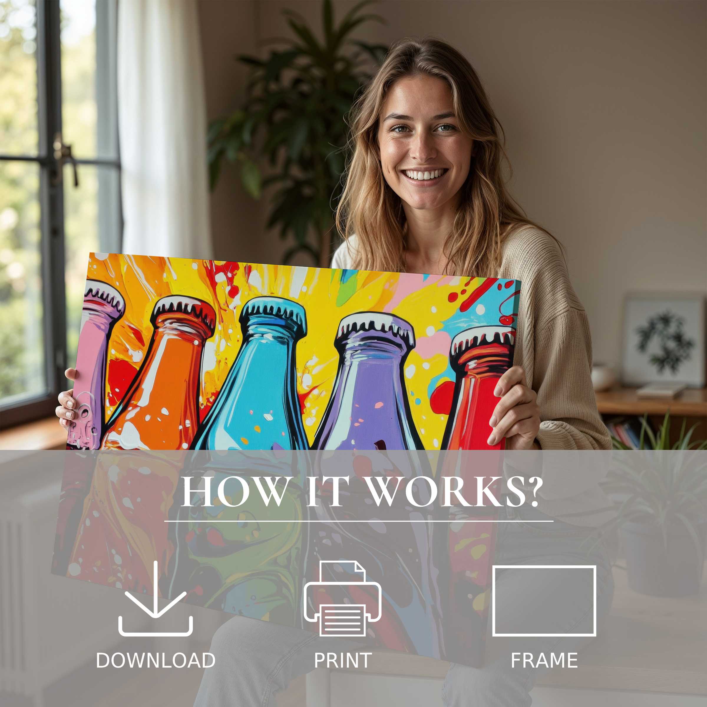 A joyful woman in a serene modern home embraces vibrant pop art digital art print, embodying effortless elegance in art living