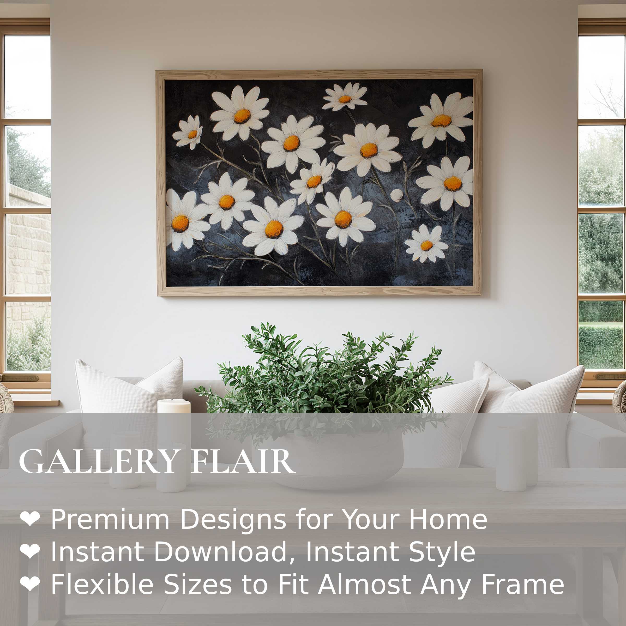 Elegant floral wall art print featuring radiant white daisies on a deep charcoal backdrop, enhancing modern minimalist interiors with serene charm and timeless sophistication