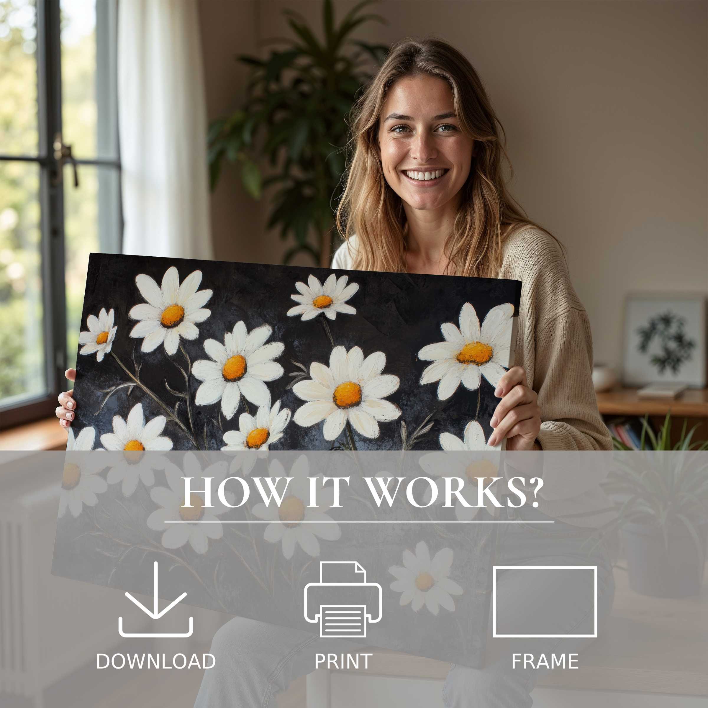 A joyful woman in a serene modern home embraces the timeless charm of floral digital art print, inspiring effortless elegance and connection