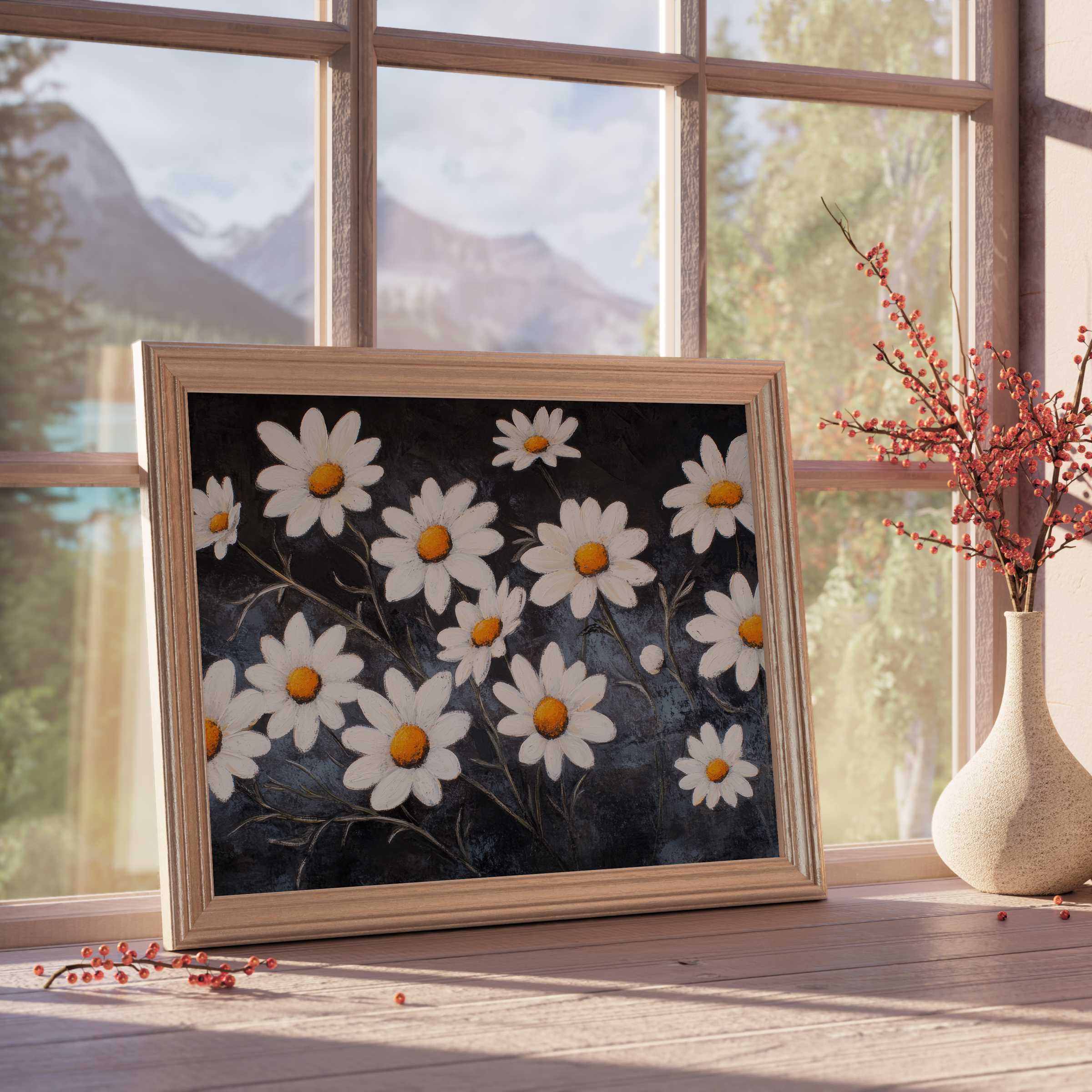 Elegant floral downloadable art featuring serene white daisies on a charcoal backdrop, enhancing tranquil, curated interiors