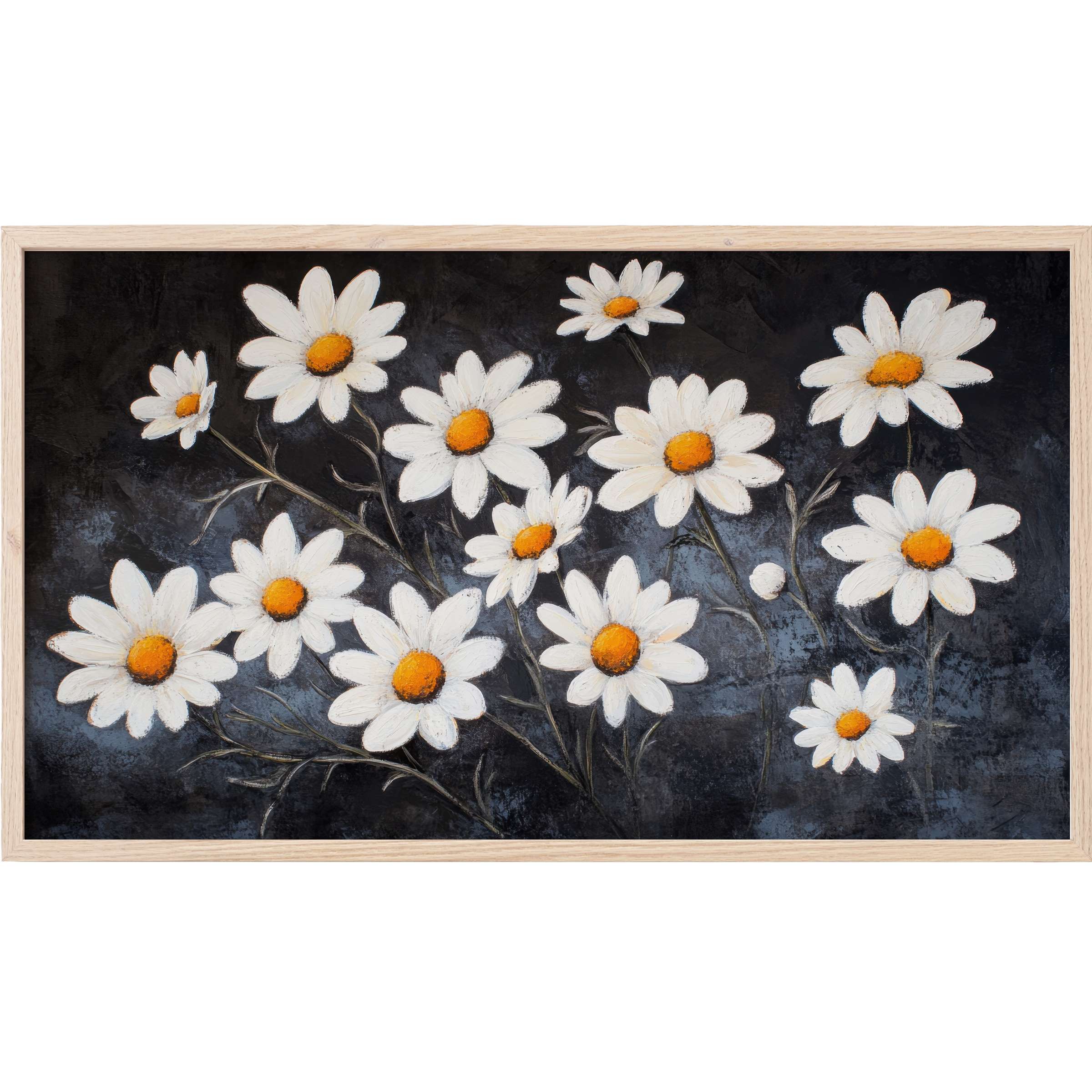 Floral Frame TV Art with textured white daisies and vibrant orange centers against a deep, moody black-blue background