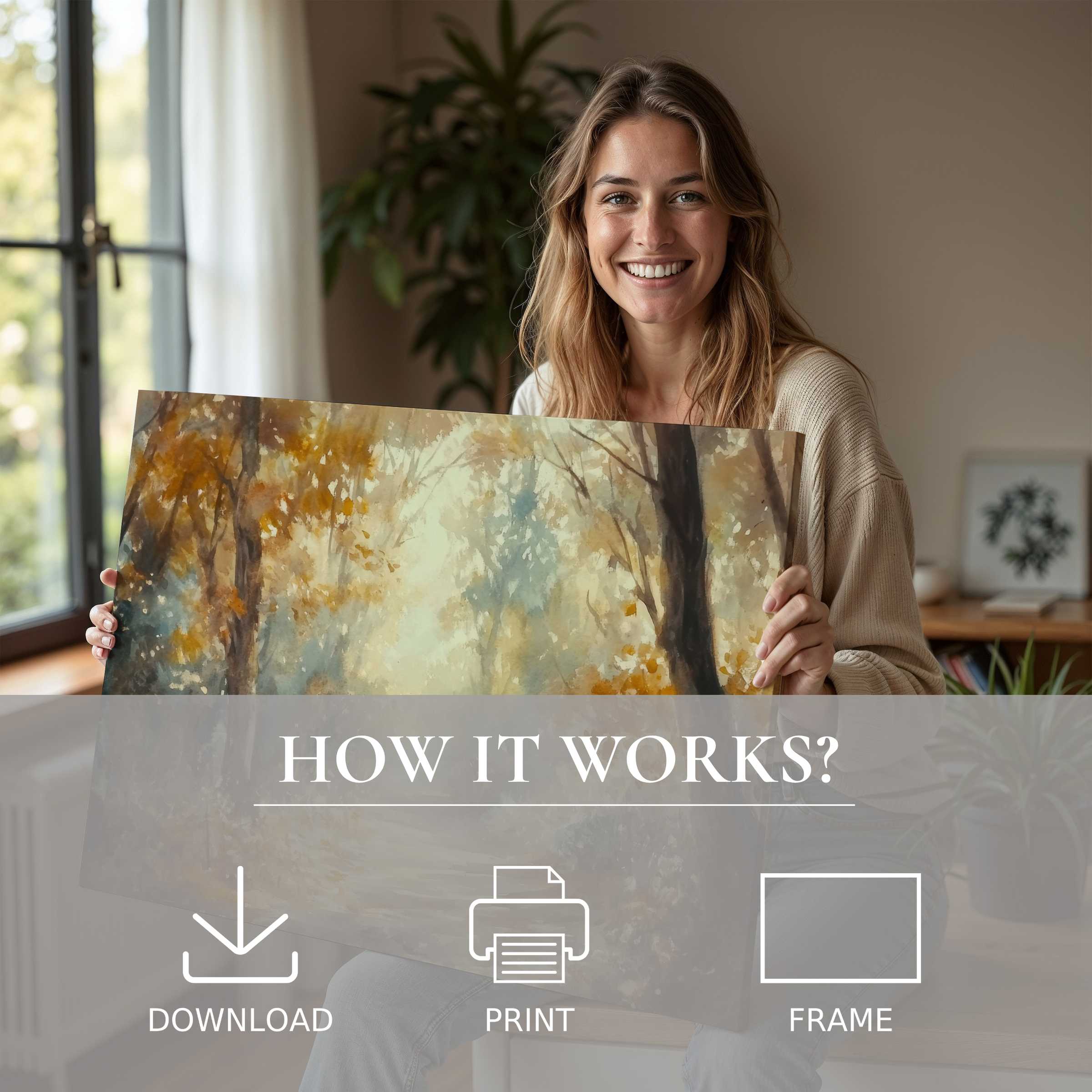Refined fall digital art print radiates warmth and calm, inviting serene moments of joy in a stylish modern home