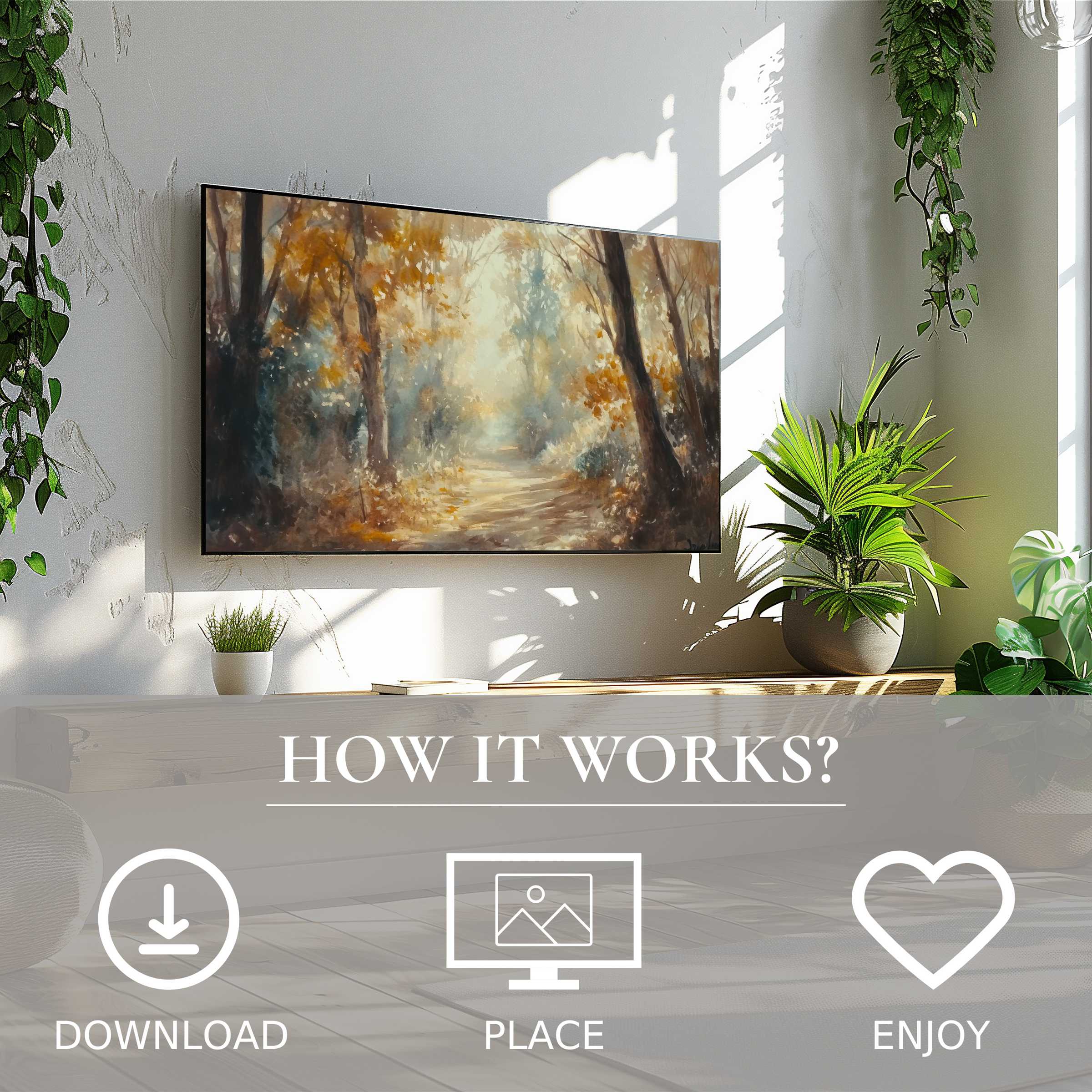 Fall art for Samsung TV shows soft sunset tones in a serene autumn forest, easy digital download enriches space