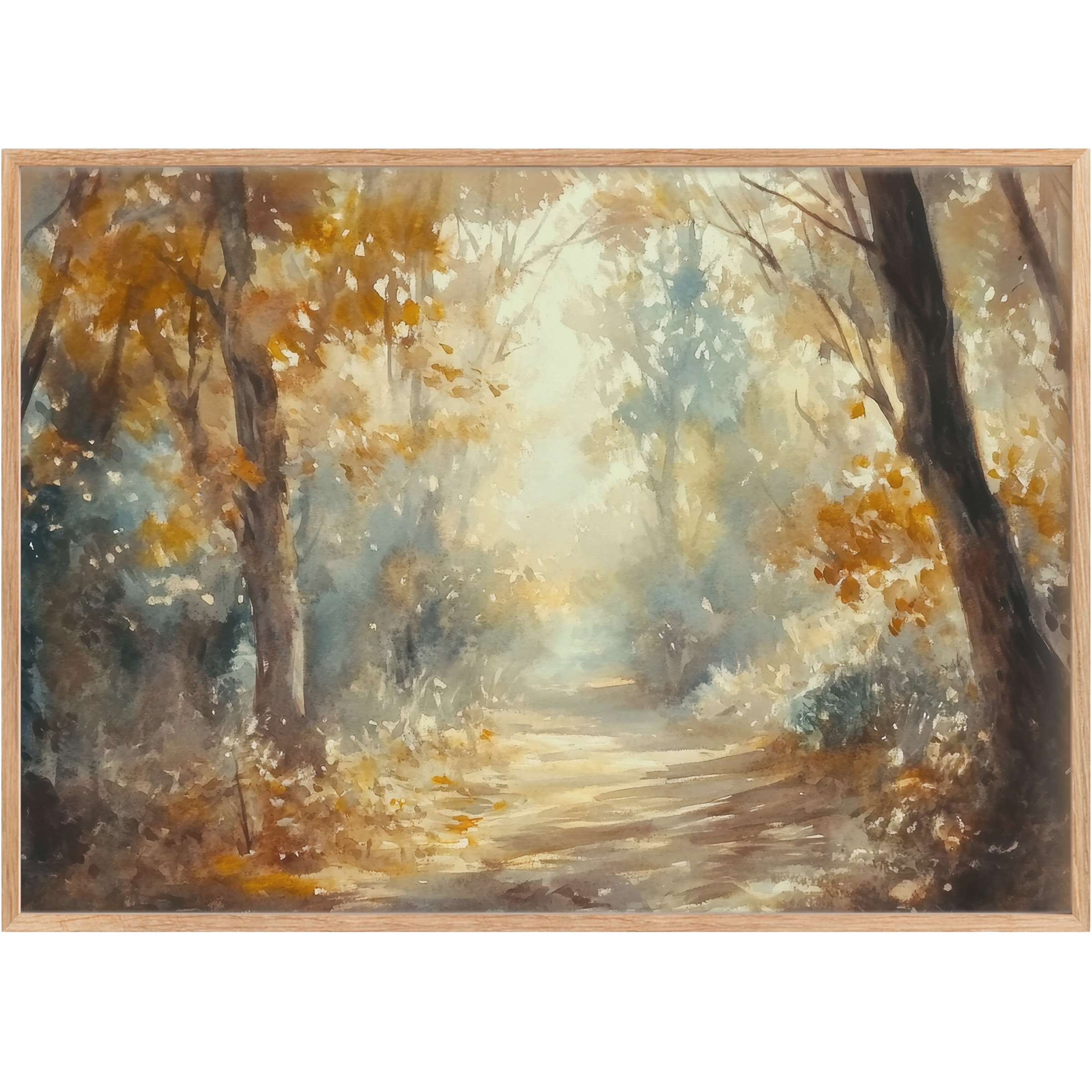 Radiant fall printable wall art capturing a sunlit forest path with warm amber and soft blue hues, evoking serene autumn elegance