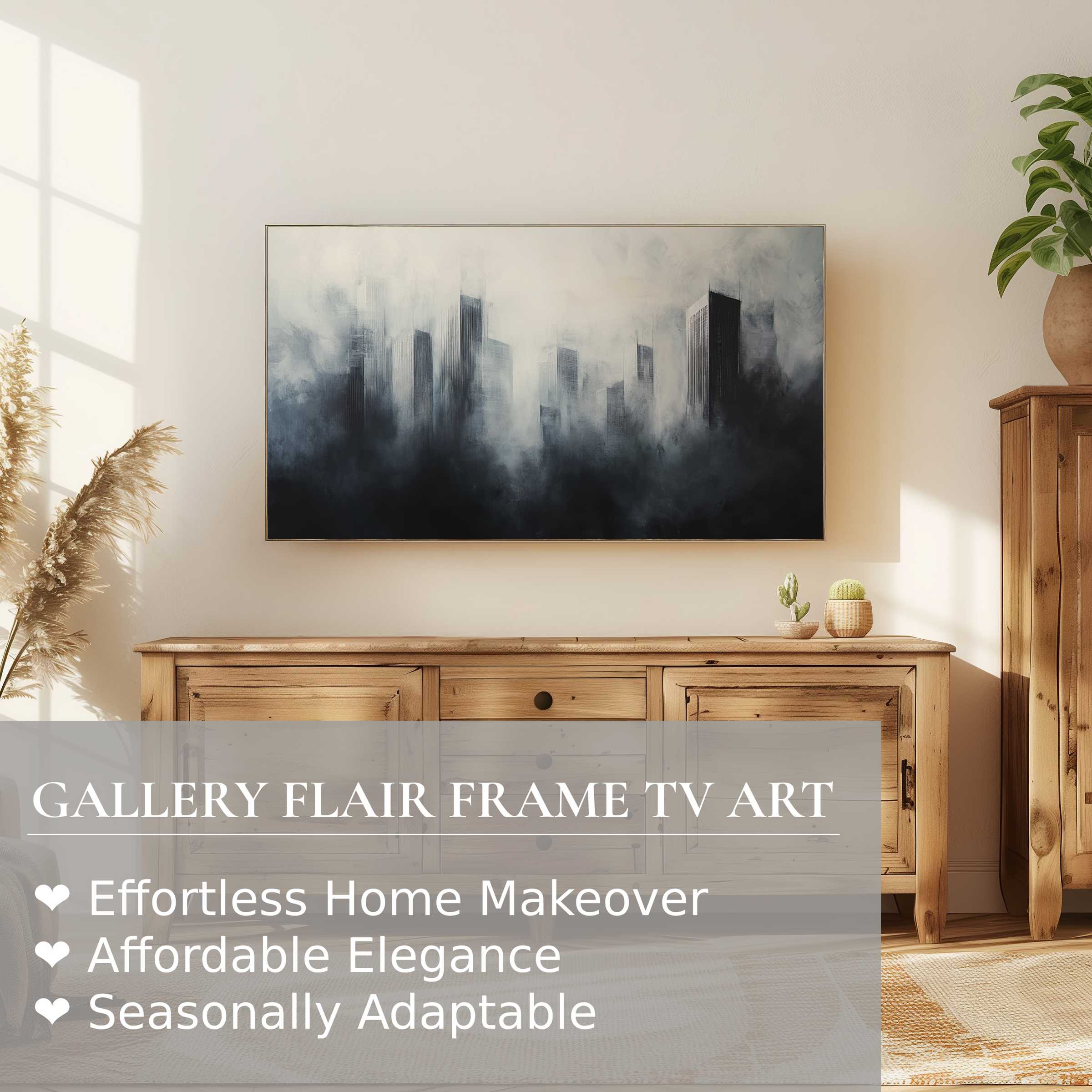 Samsung Frame TV displaying misty, monochrome urban digital artwork in a minimalist, warm wooden living space