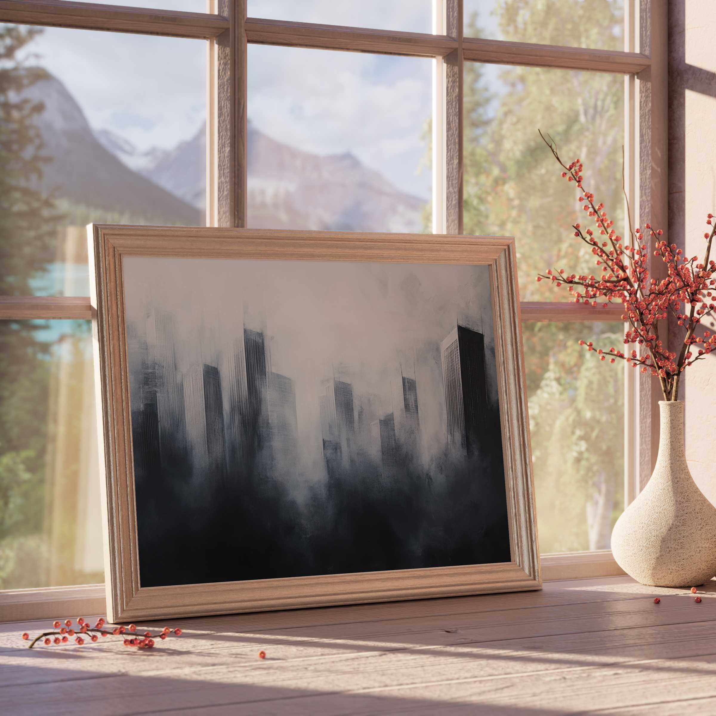 Urban downloadable art capturing a moody cityscape in soft greys and blacks, perfect for elevating tranquil, design-forward interiors