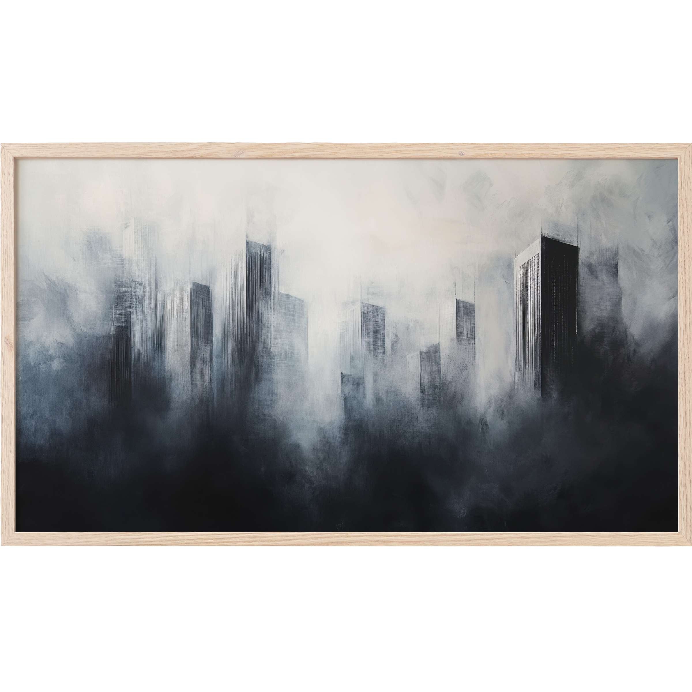Urban skyline in misty monochrome tones, soft brushstrokes blend shadows and light, elegant urban Frame TV Art