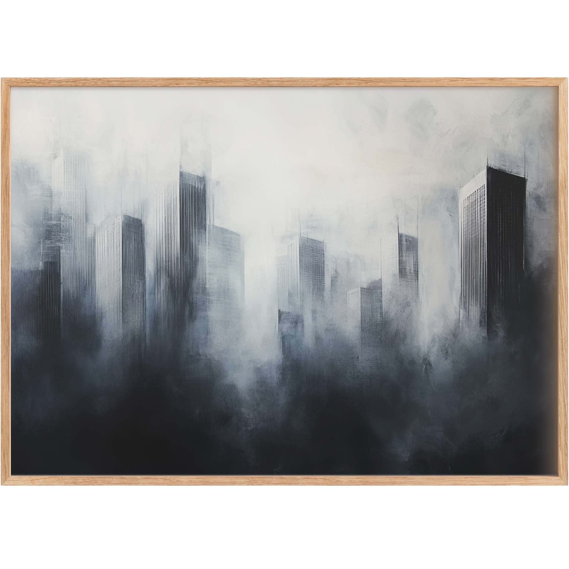 Moody urban printable wall art captures a foggy cityscape in deep charcoals and soft grays, evoking a serene, contemplative atmosphere