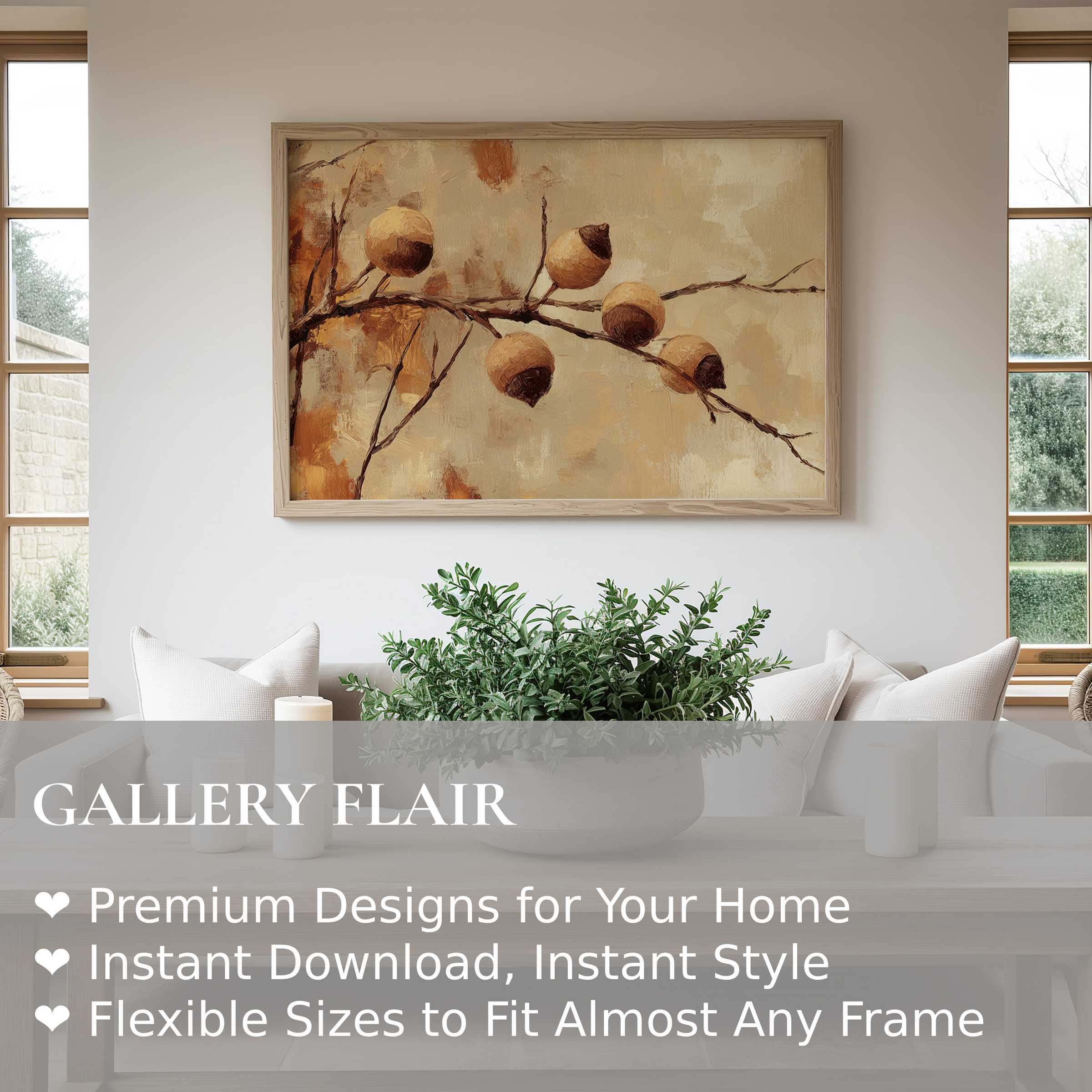 Elegant tree wall art print featuring warm autumnal acorns on textured beige, enriching modern minimalist interiors with a calming, natural essence