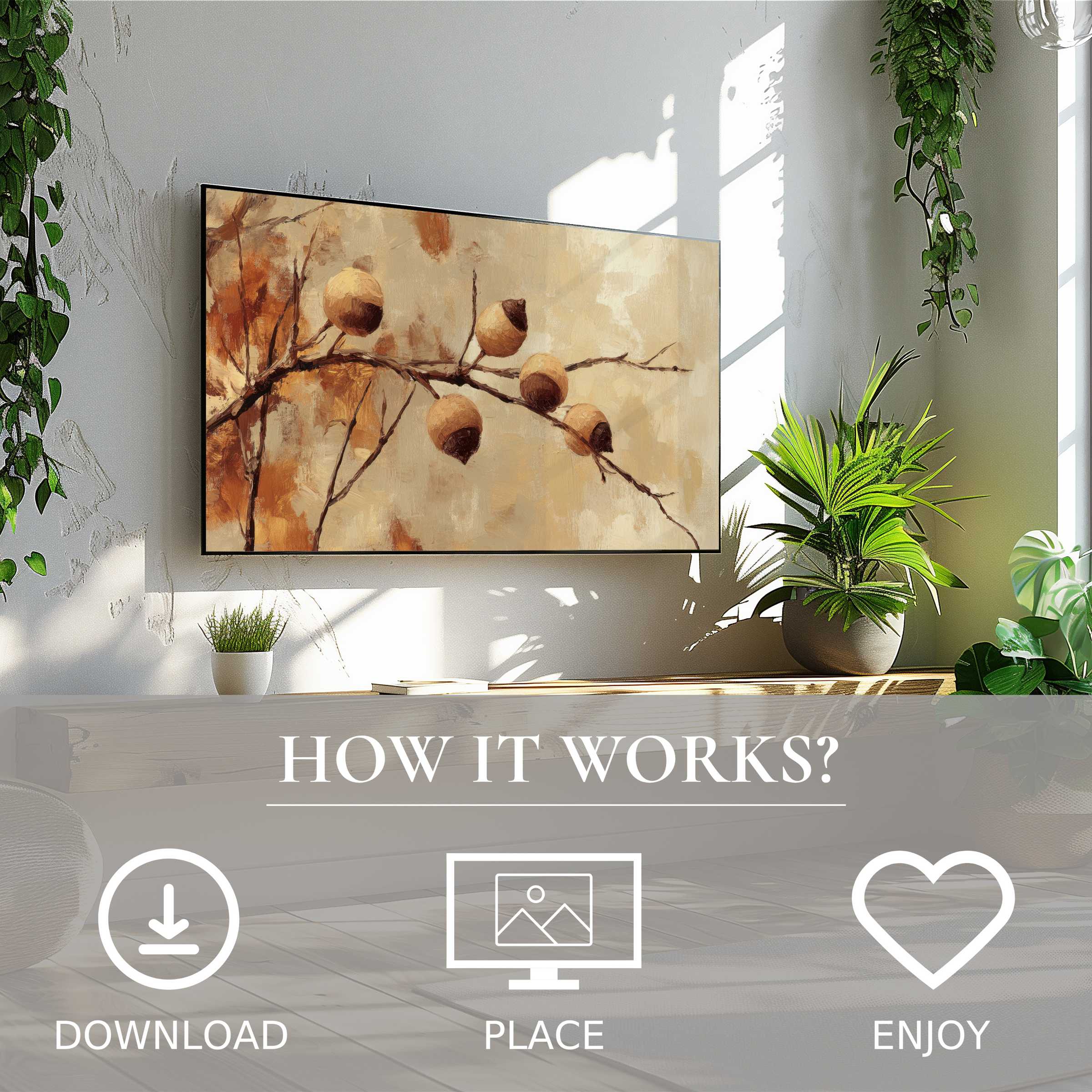 Tree art for Samsung TV in bright room with green plants; warm, soft autumn tones; easy digital download enhances decor