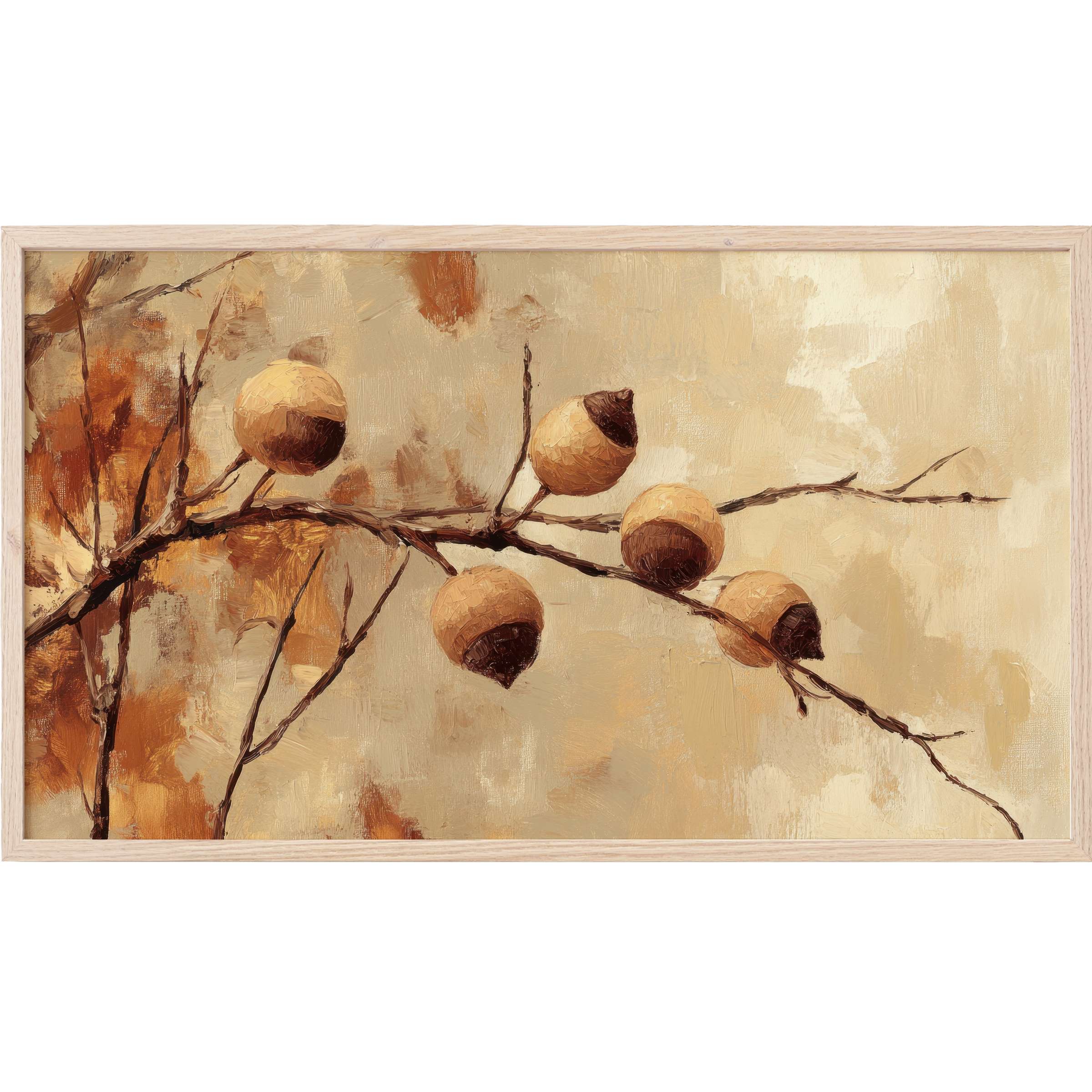 Muted earth tones depict acorns on branches in textured strokes, blending warmth and elegance in tree Frame TV Art
