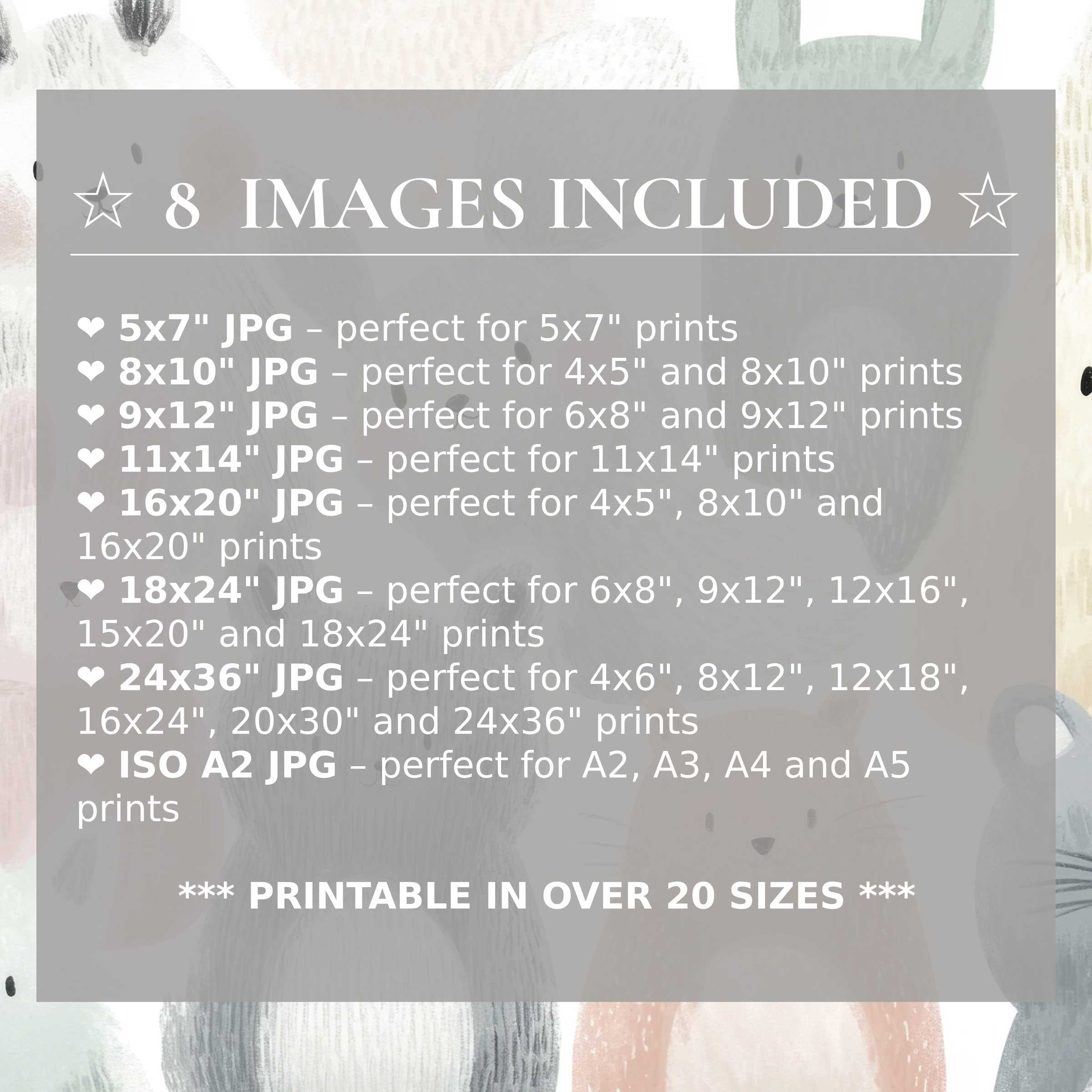 Nursery digital print featuring calming muted pastels and whimsical animal motifs, delivered in 8 high-res sizes to elevate modern interiors with effortless style and versatile charm