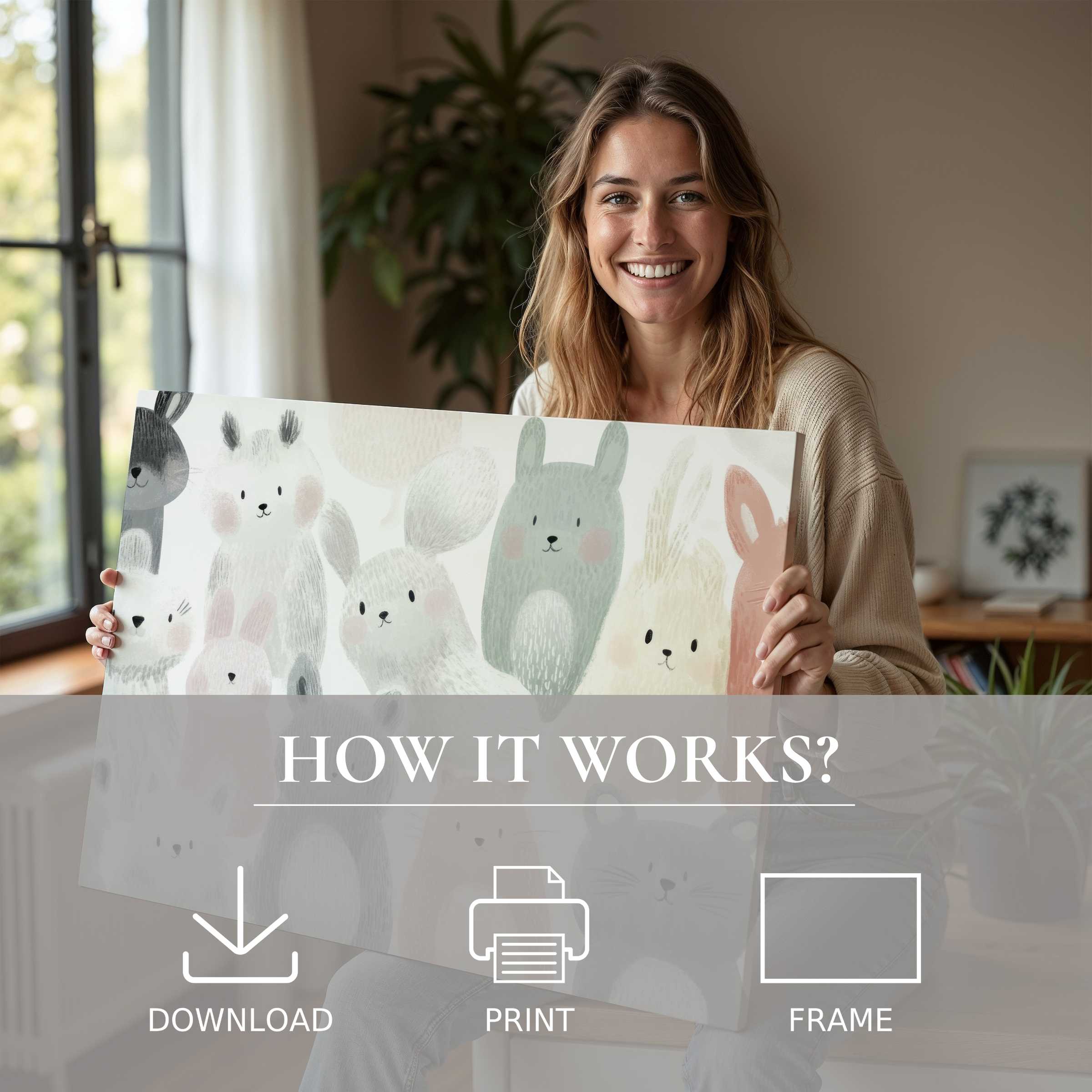 A serene moment of joy welcoming nursery digital art print, blending soft pastels and charm into stylish home living