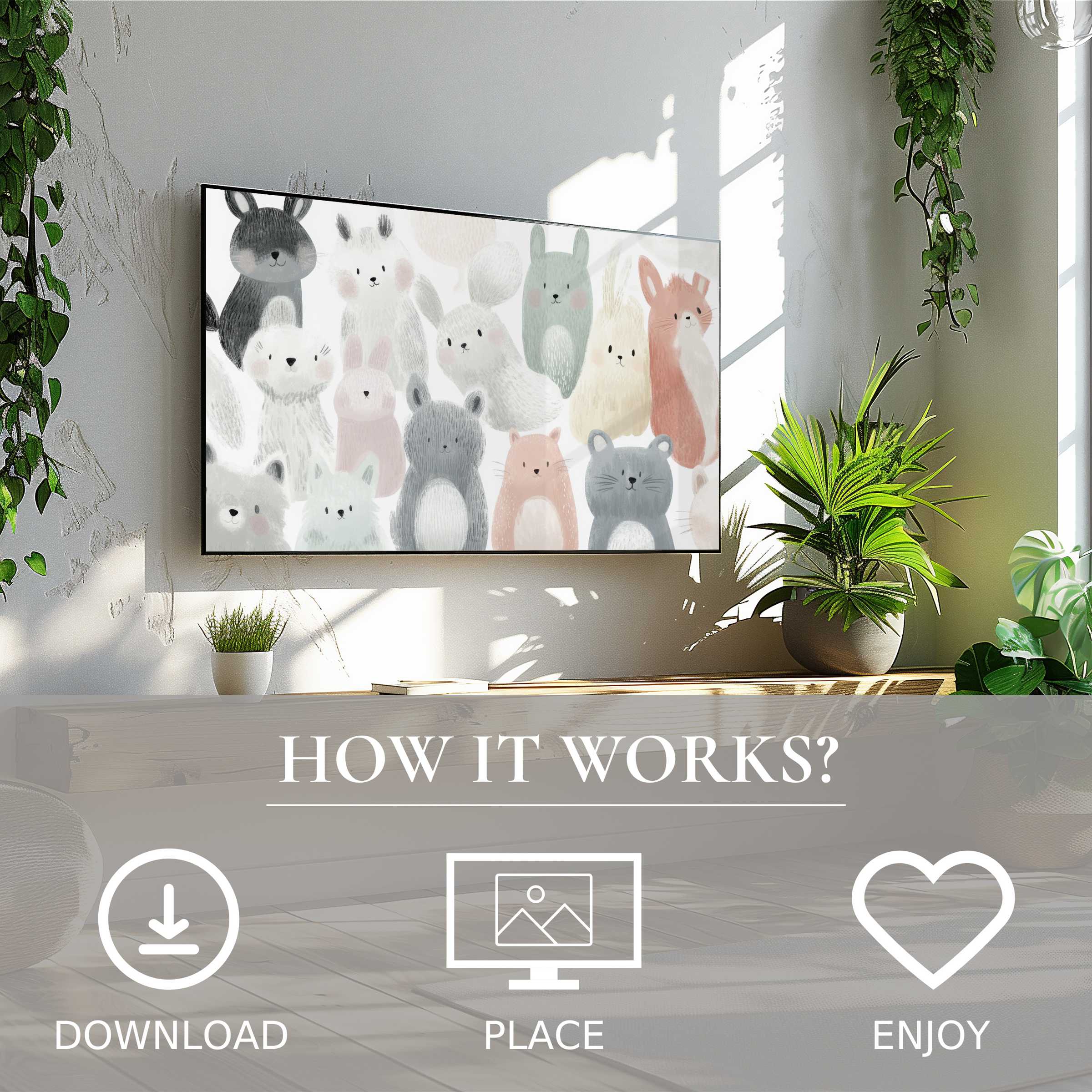 Nursery art for Samsung TV with soft pastel animal motif, easy digital download enriches airy, green living space