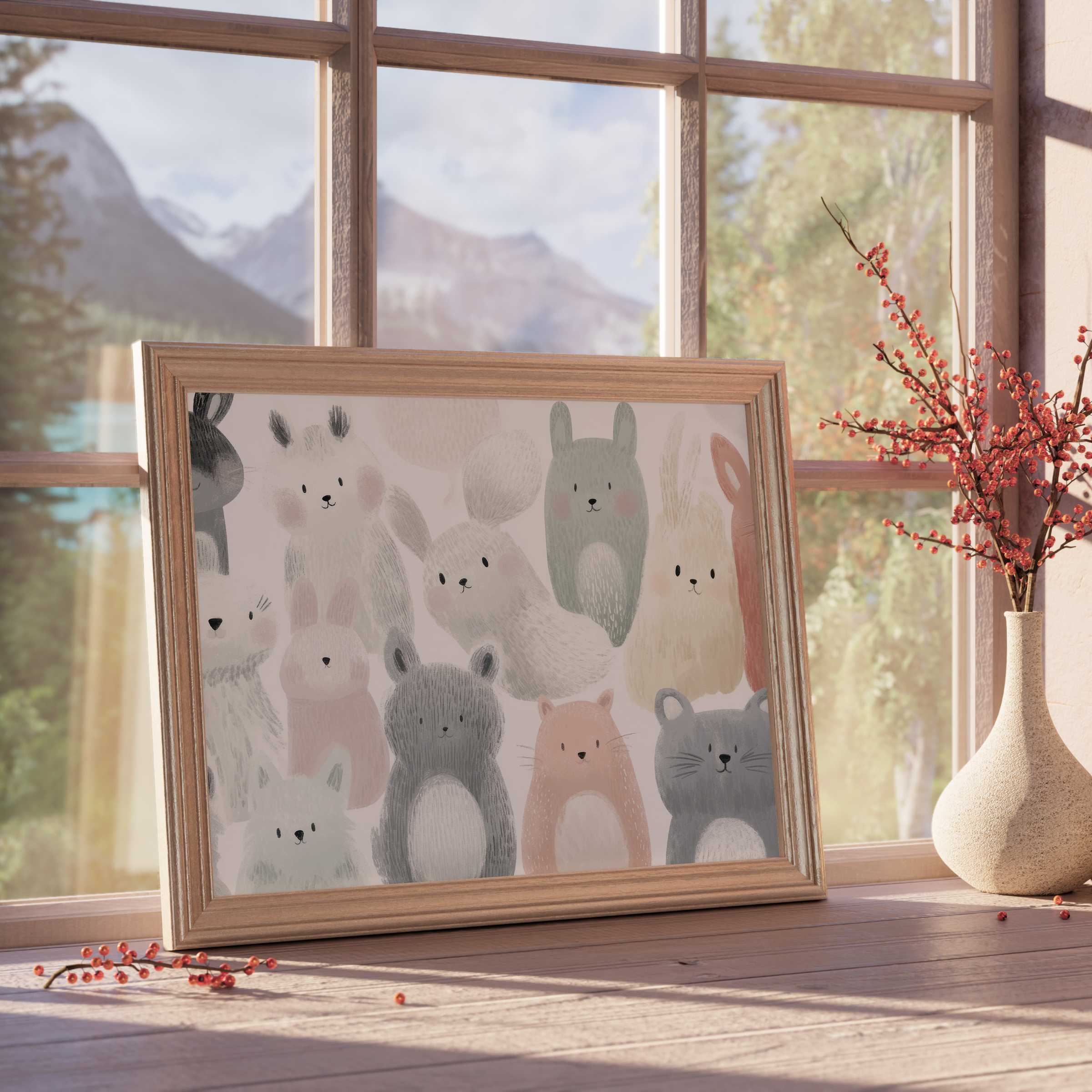 Nursery downloadable art featuring whimsical pastel woodland animals, enriching serene, curated interiors with gentle warmth and charm