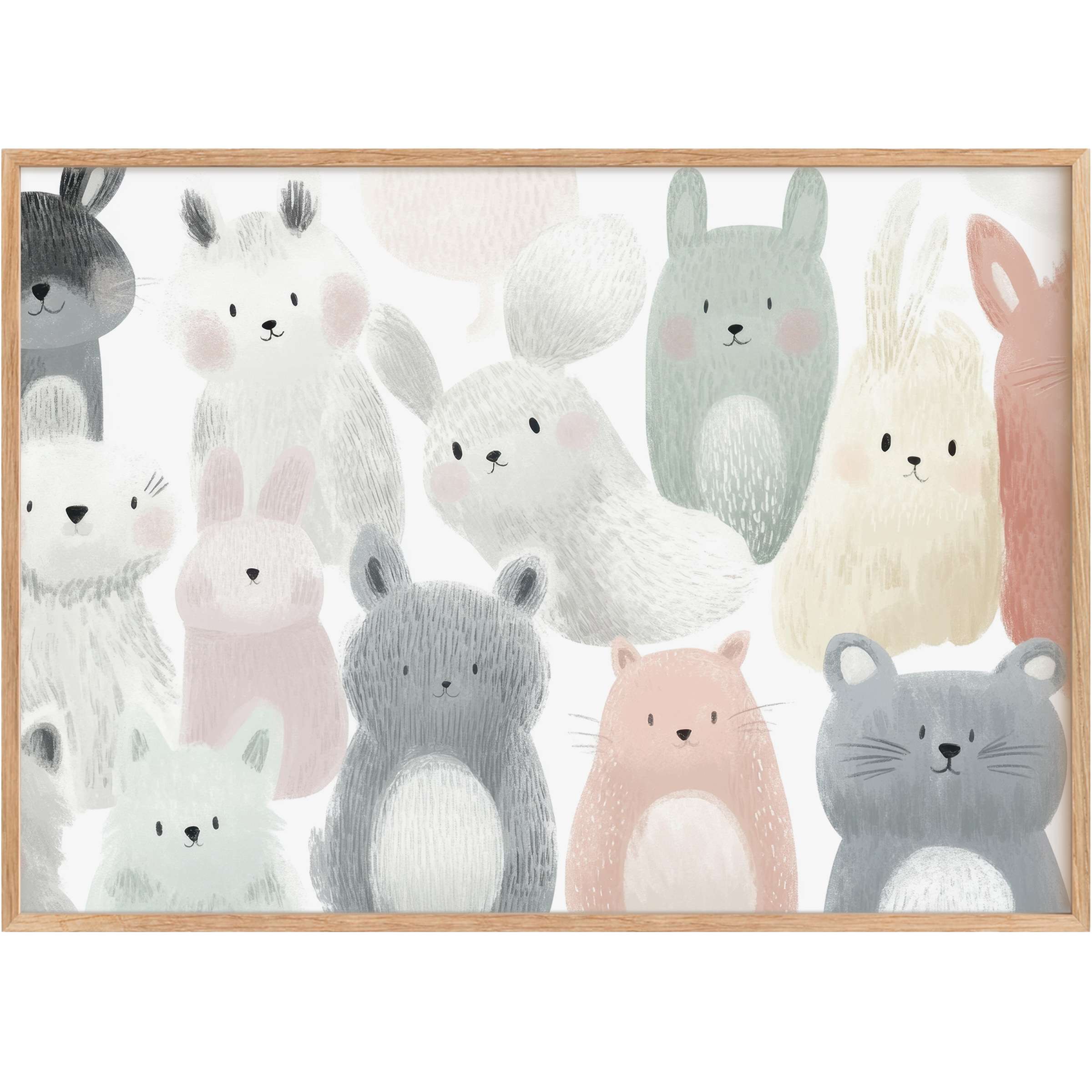 Whimsical nursery printable wall art featuring soft pastel bunnies in gentle grays and blush, evoking warmth and serene charm