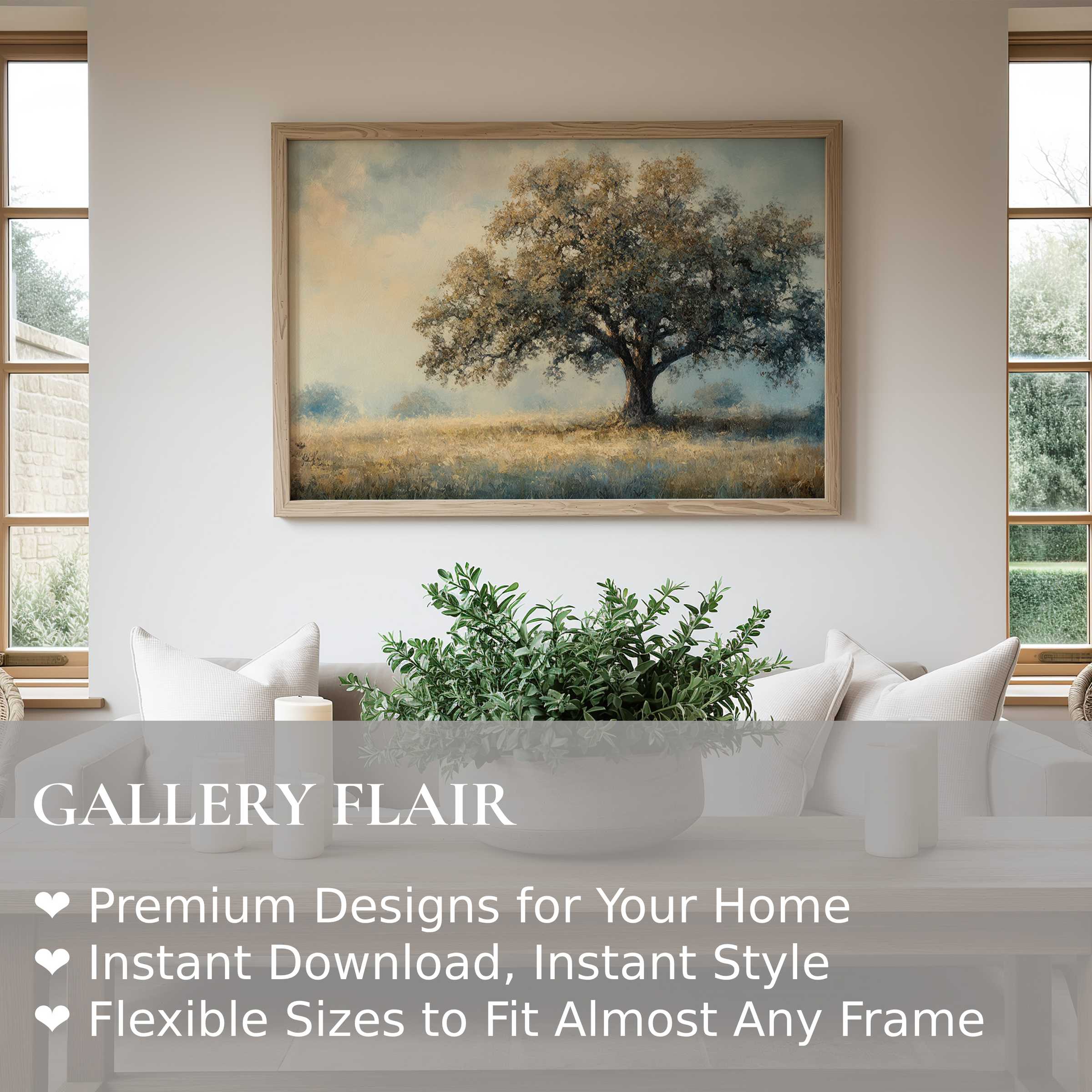 Vintage wall art print of a radiant tree in soft, calming hues, enhancing minimalist modern interiors with timeless elegance
