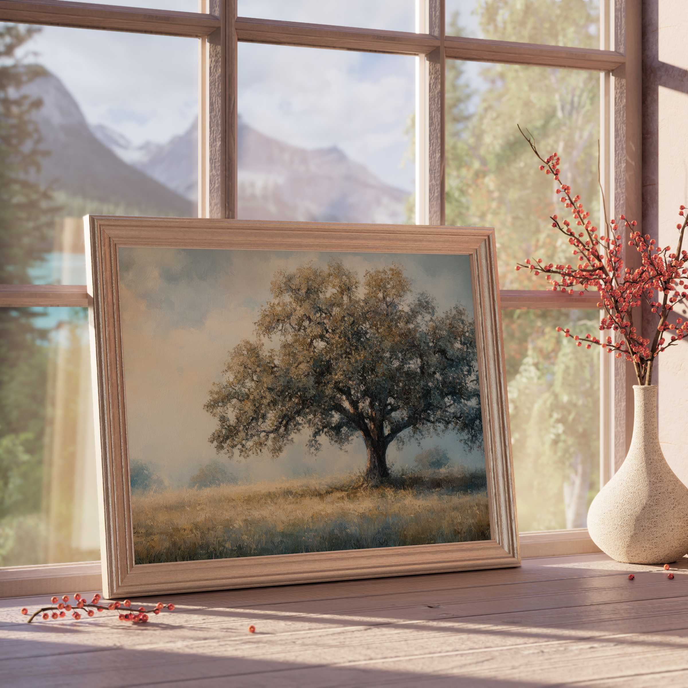 Vintage downloadable art capturing a serene oak tree in muted tones, perfect for calm, curated luxury interiors