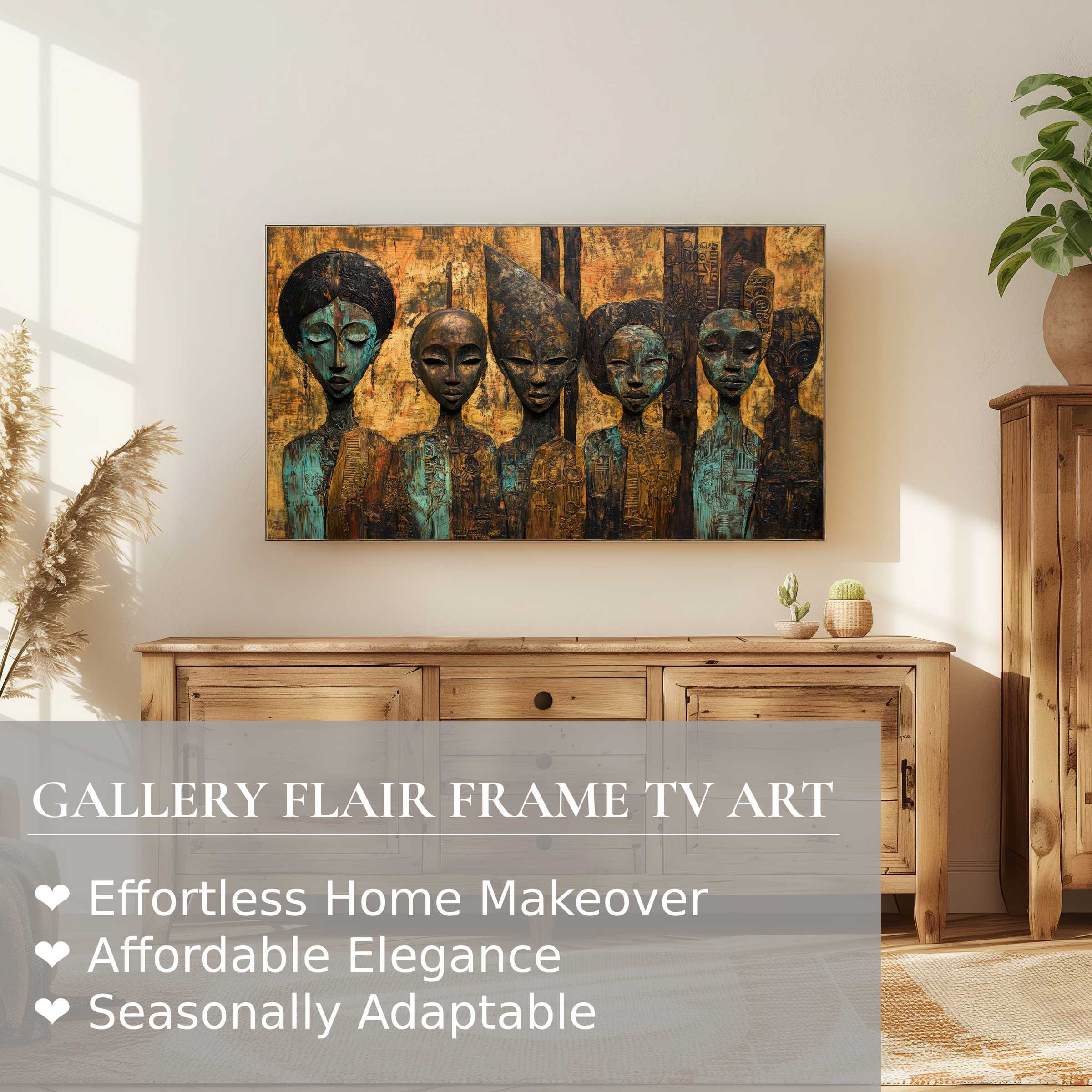Modern living room with boho digital artwork on Samsung Frame TV, warm tones and natural wood accents