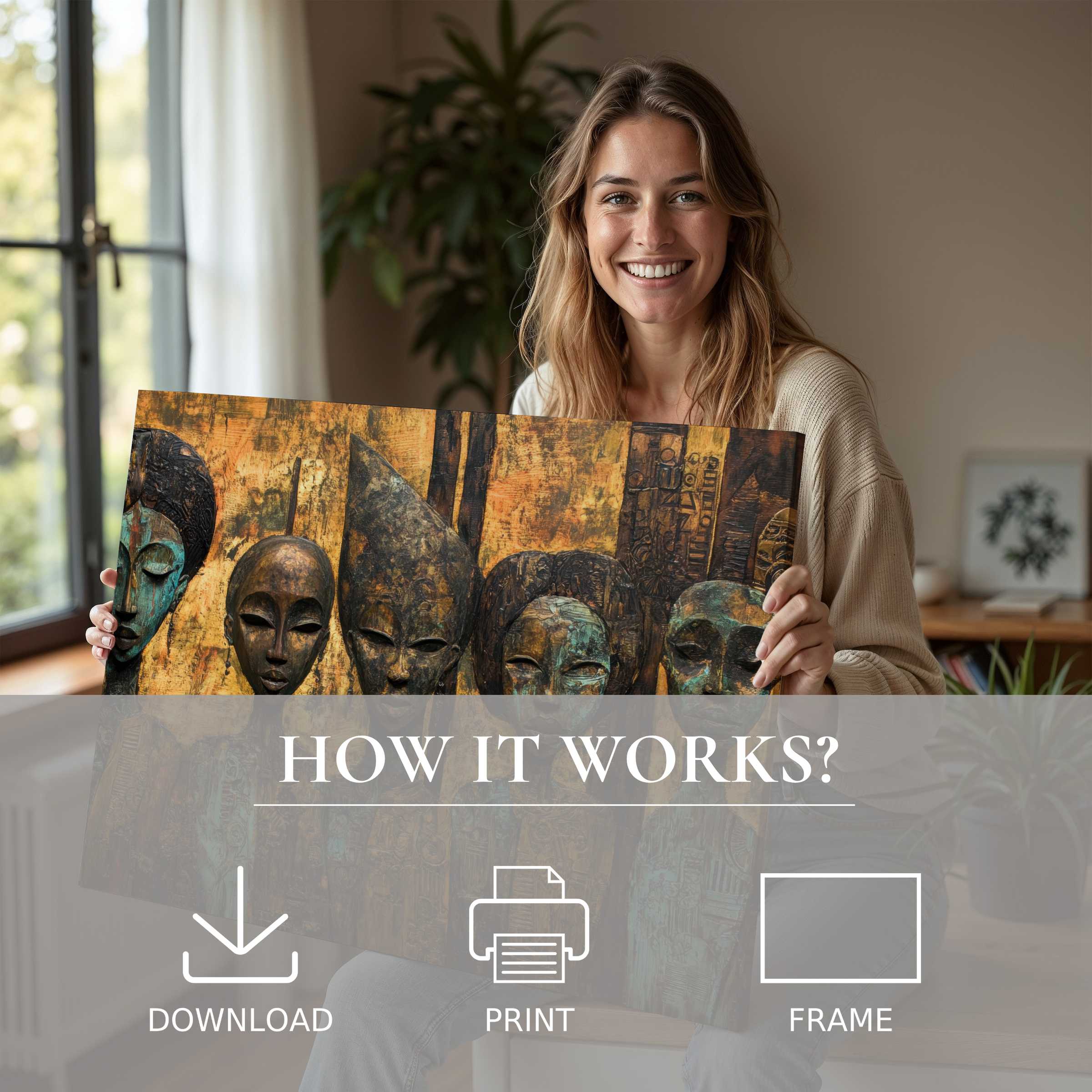 Warm boho digital art print enriches a sunlit modern home, capturing joy and ease in embracing soulful abstract elegance