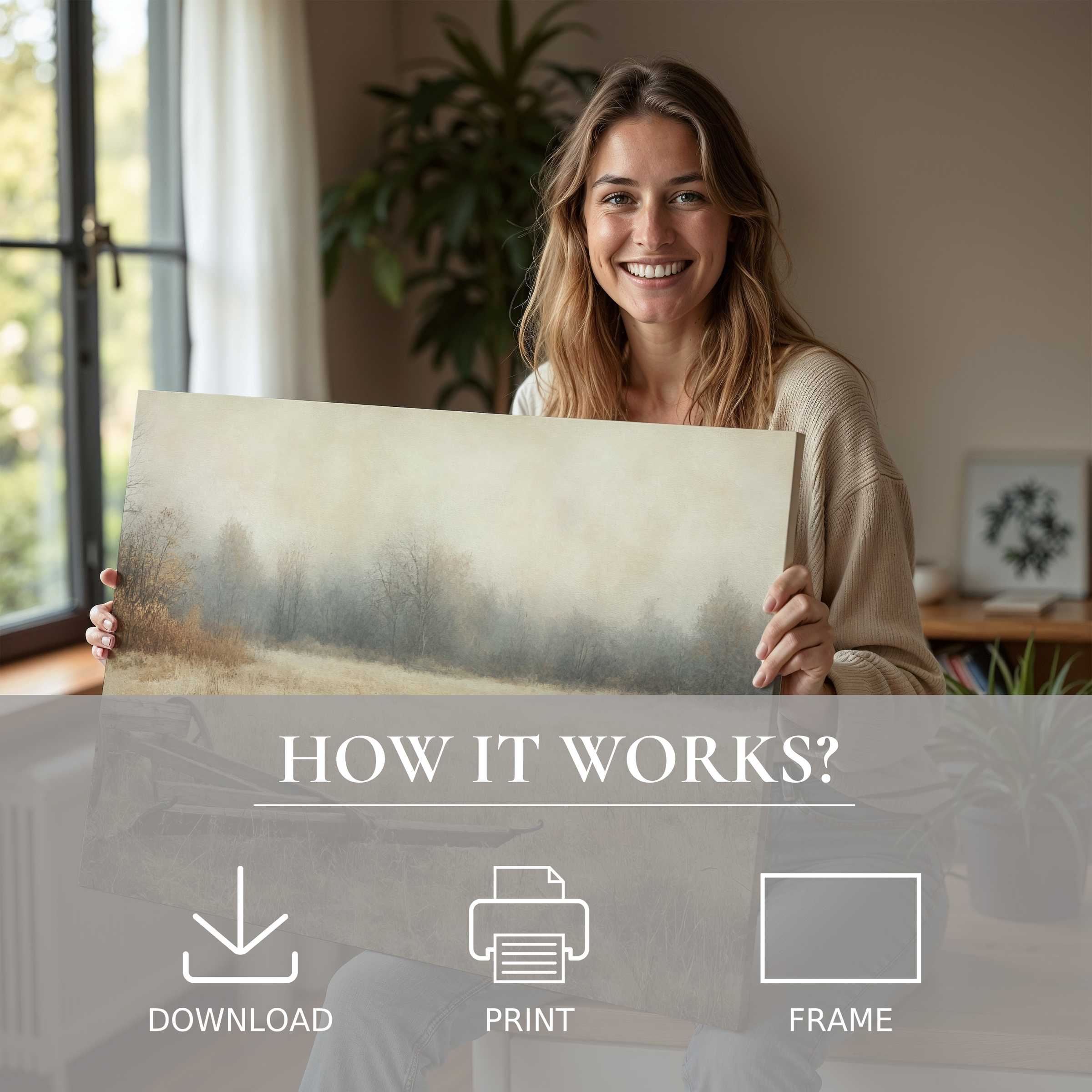 Smiling woman in a serene modern home holds a farmhouse digital art print, embodying joy in effortless art living