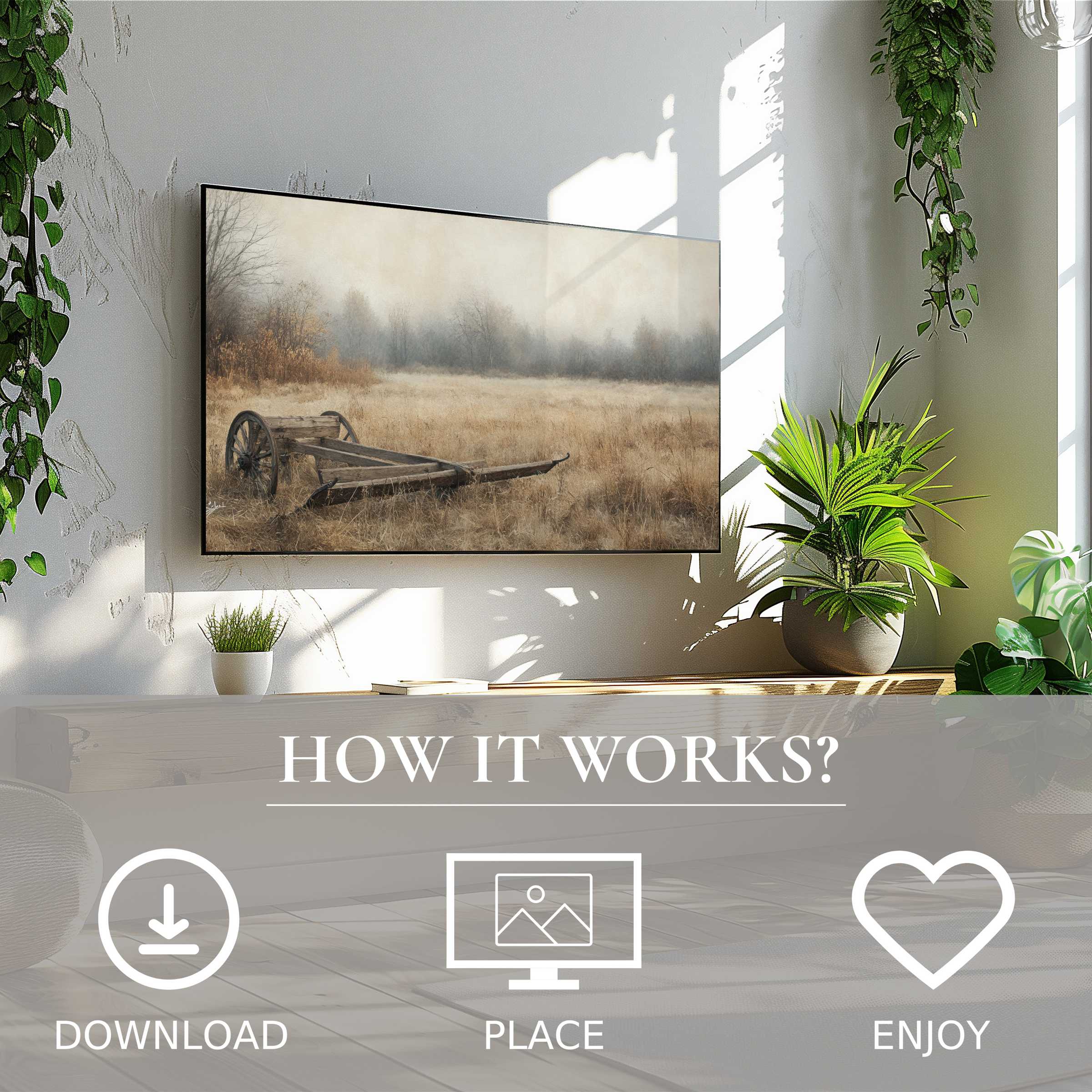 Farmhouse art for Samsung TV shows soft muted tones of a rustic field, easy digital download enriches your living space