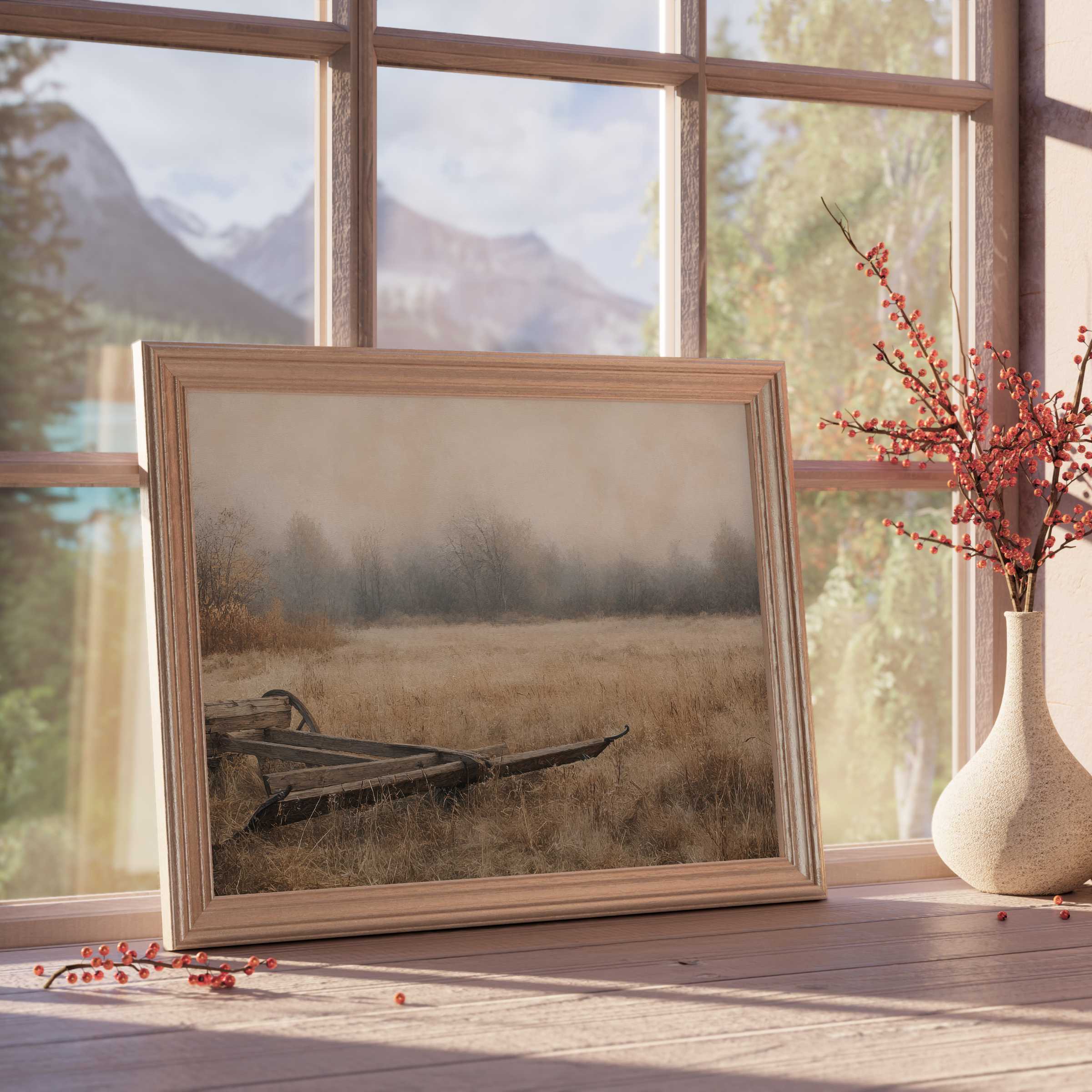 Farmhouse downloadable art capturing serene rustic charm with muted autumn hues, perfect for tranquil, elegant living spaces