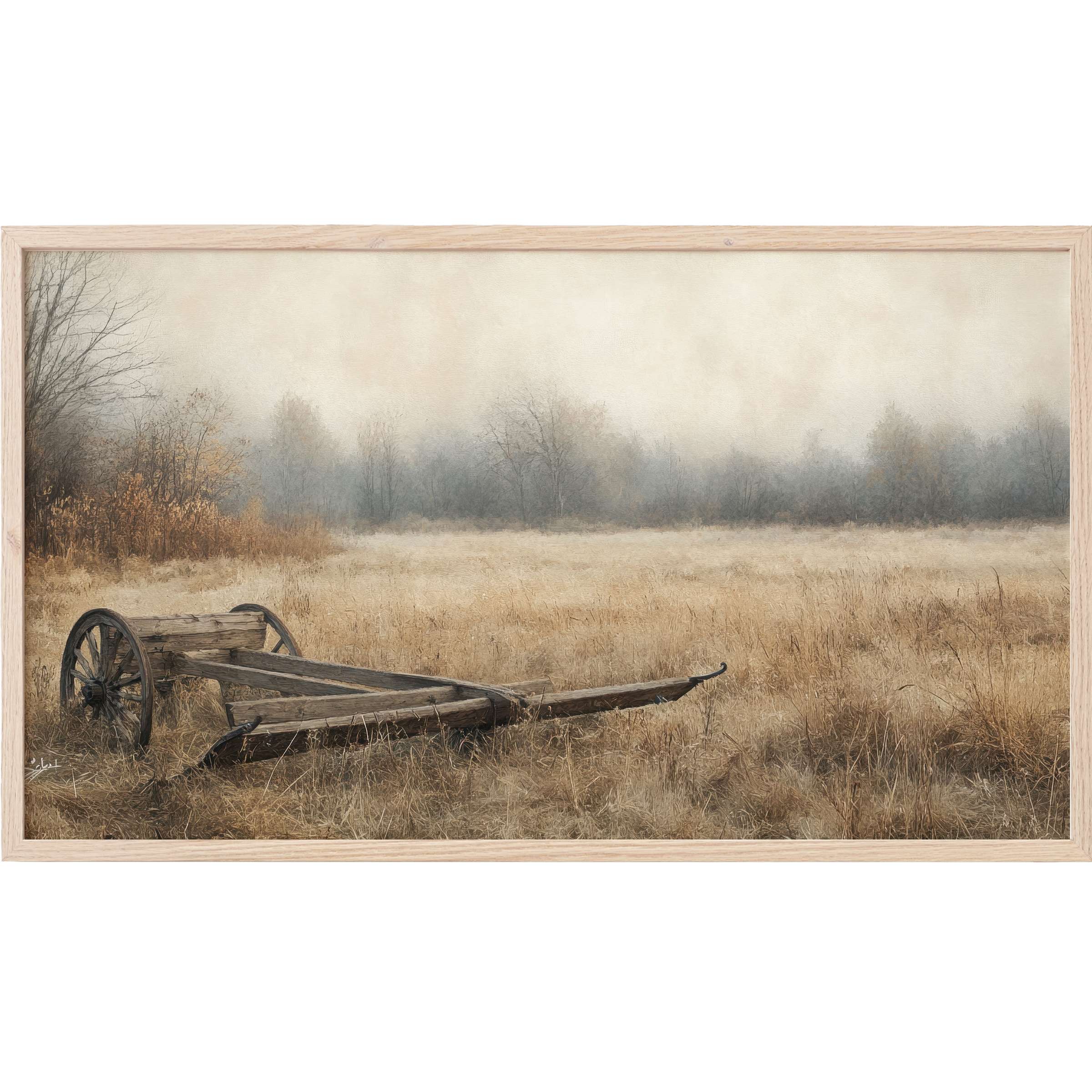 Farmhouse Frame TV Art depicts a muted, rustic landscape with soft beige tones and weathered wooden cart
