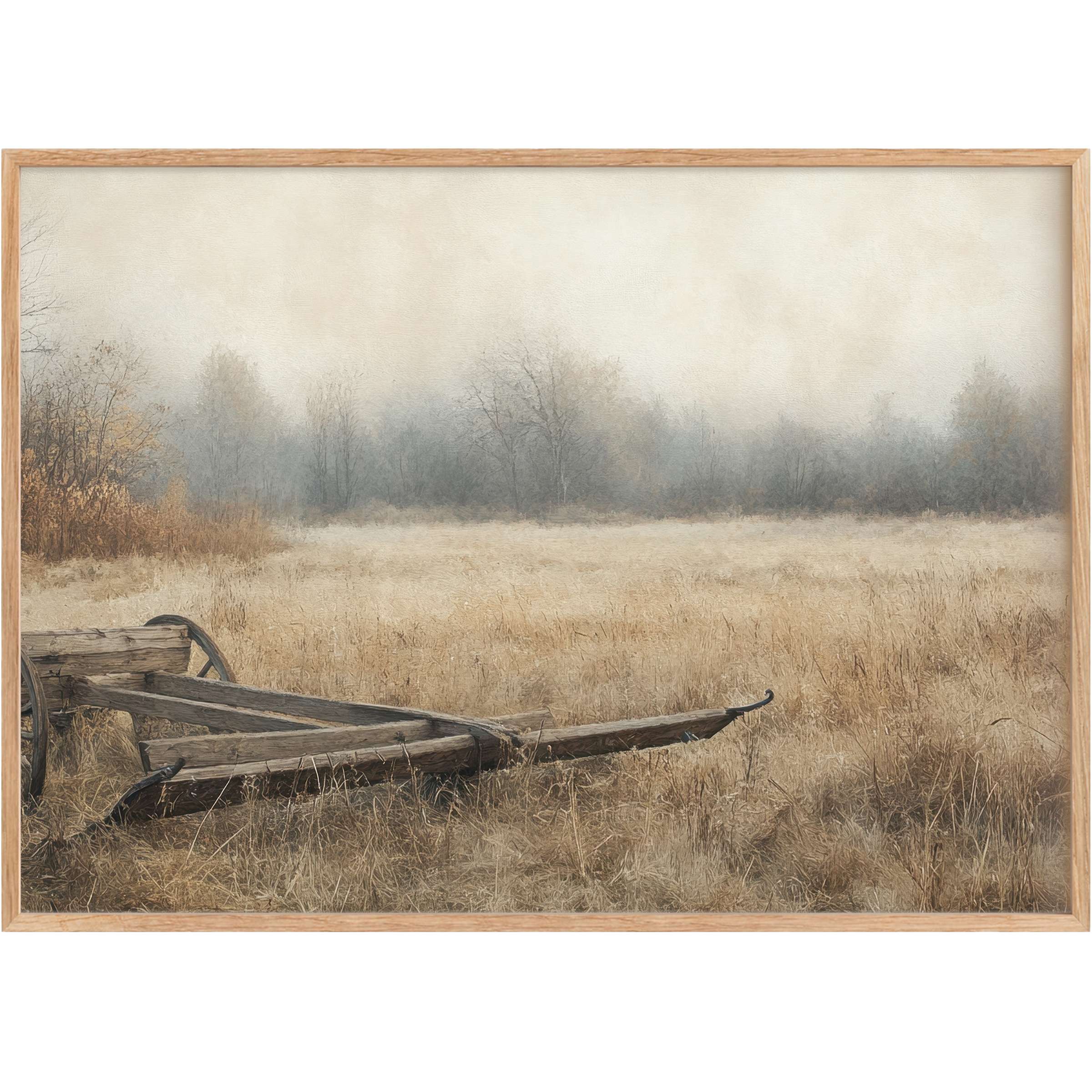 Serene farmhouse printable wall art featuring a misty field with weathered wood tones, evoking calm and timeless rustic charm