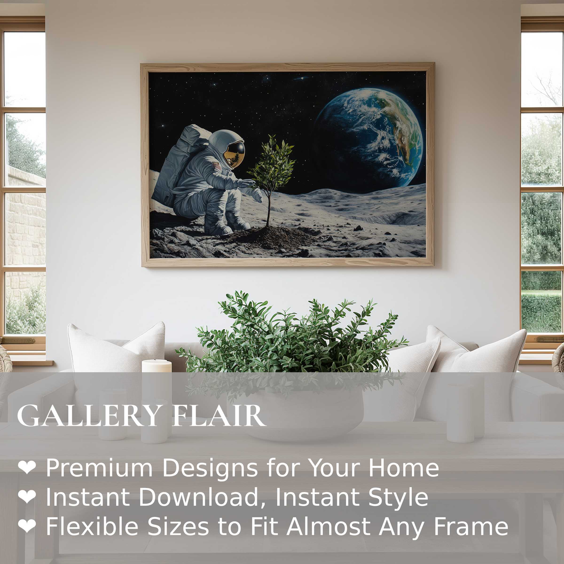 Bold street art wall art print of an astronaut planting a tree on the moon, adding cosmic intrigue to minimalist modern interiors
