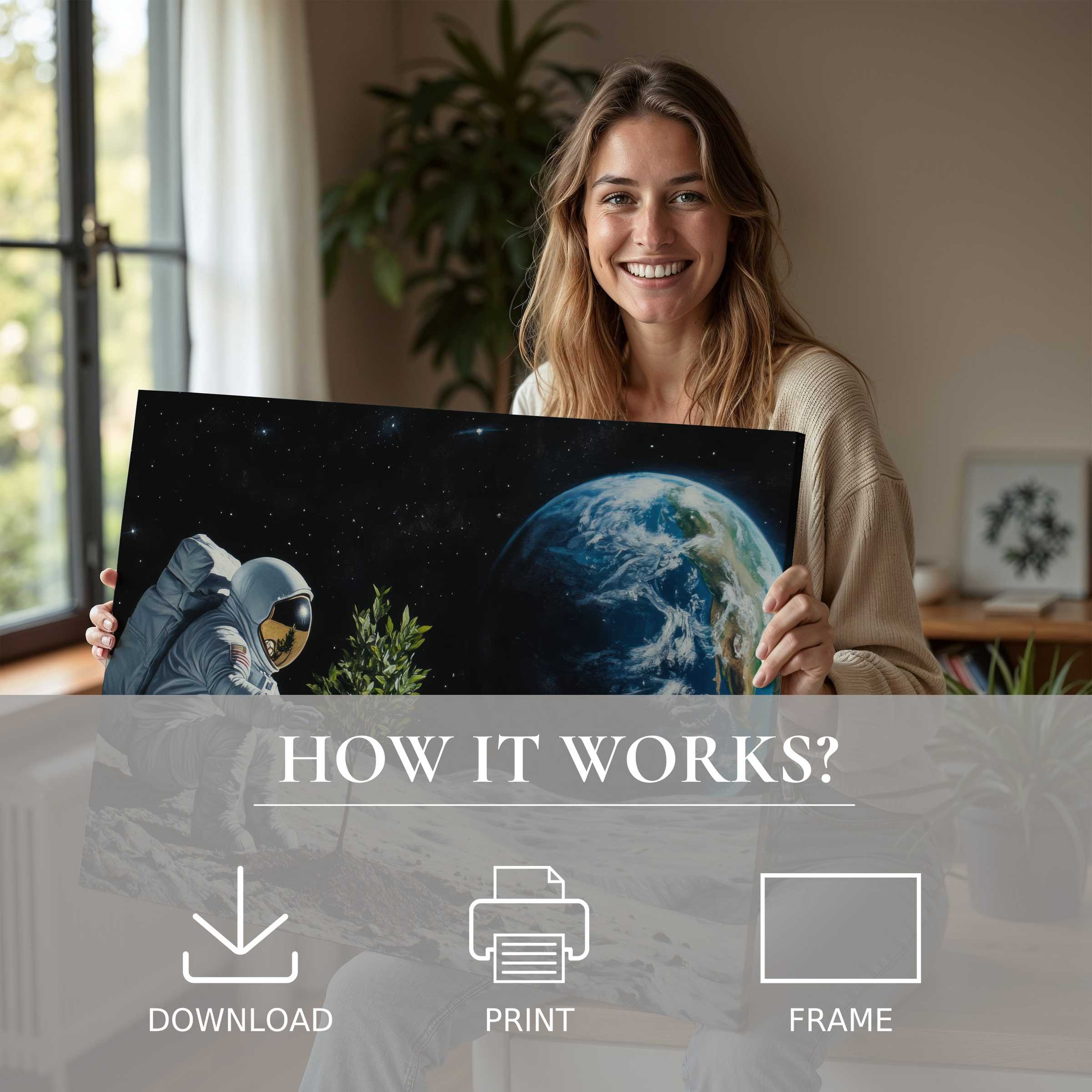 Joyful connection with street art digital art print transforms a modern home, inviting serene beauty and effortless elegance