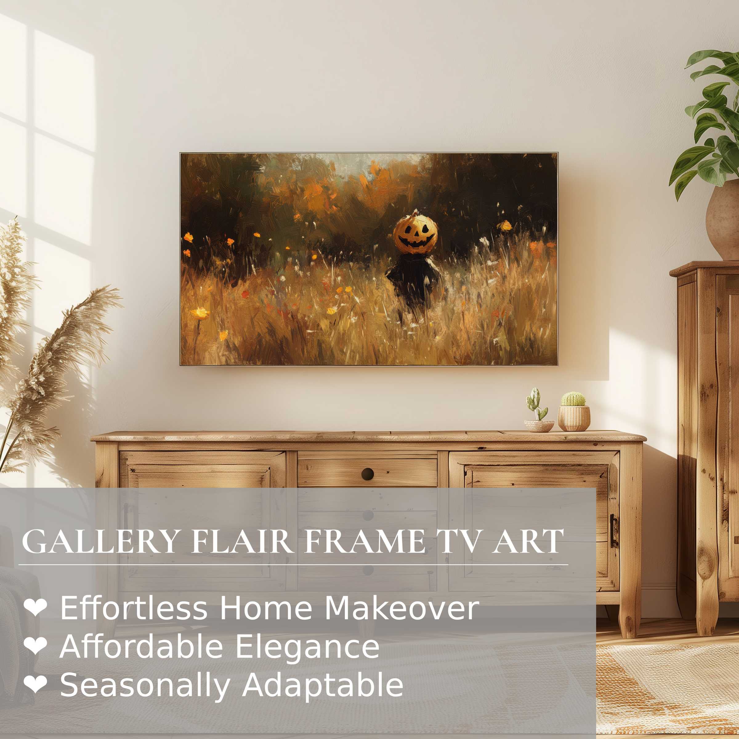 Samsung Frame TV displaying elegant halloween digital artwork with moody autumn hues in a modern setting