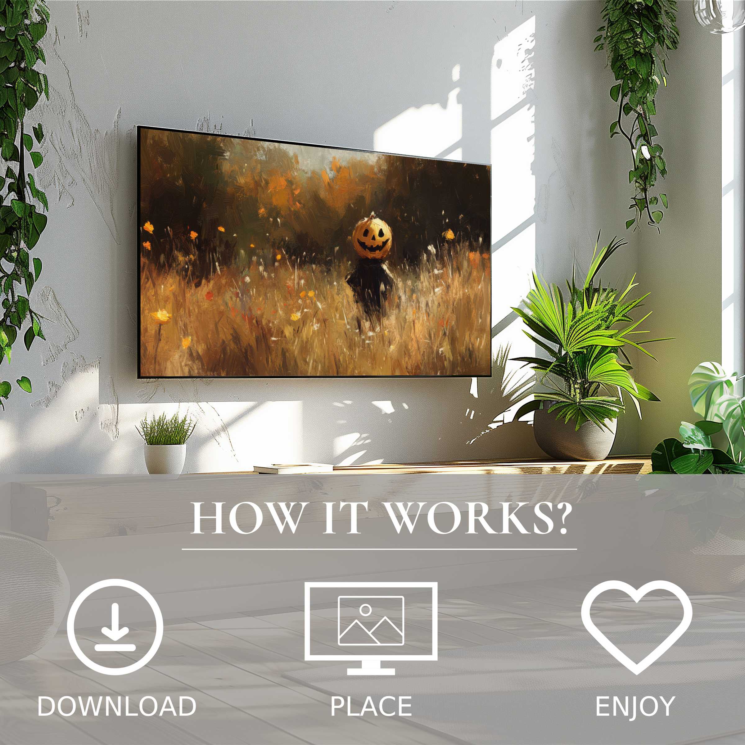 Halloween art for Samsung TV showing warm autumn hues and a pumpkin figure; easy digital download enriches modern spaces