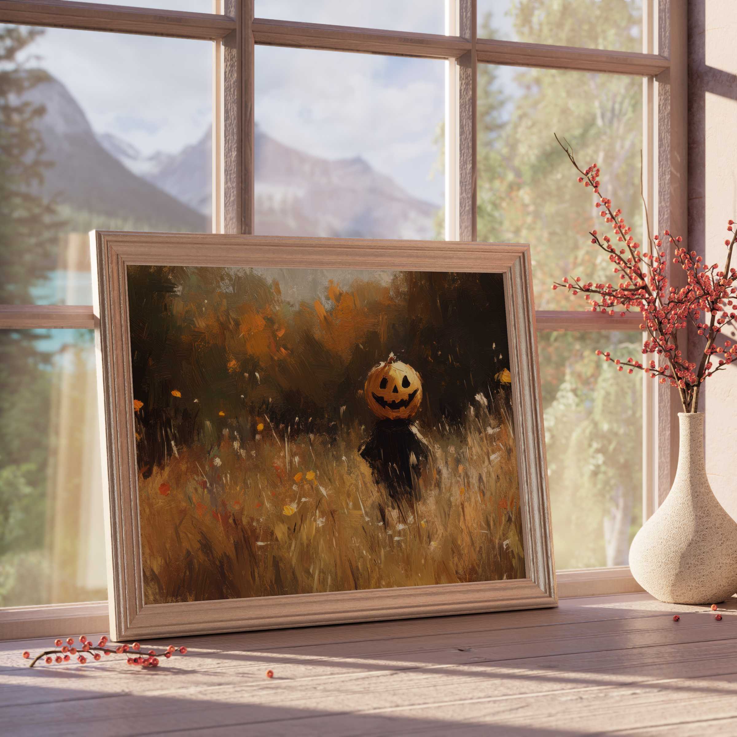 Halloween downloadable art featuring a vibrant pumpkin-headed figure in a warm, autumnal field, elevating curated interiors with seasonal charm and modern rustic elegance