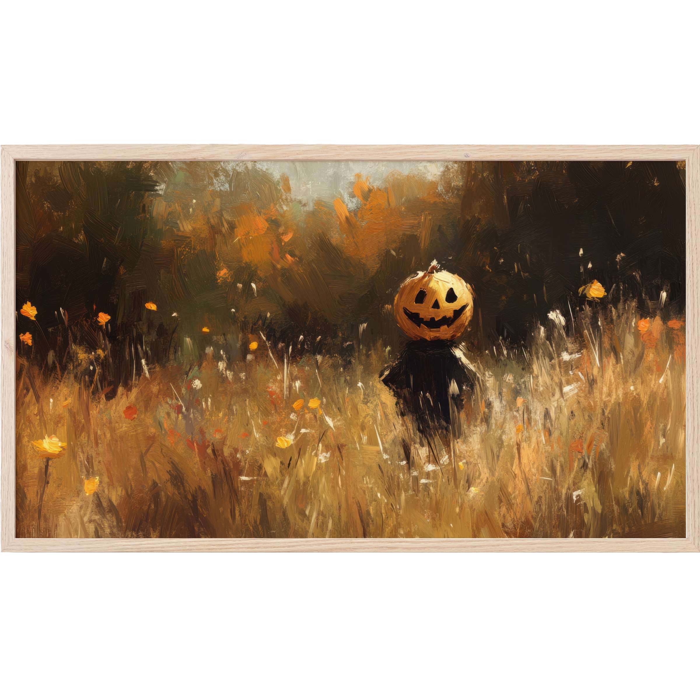 Moody autumnal brush strokes with a smiling pumpkin figure in a field, perfect halloween Frame TV Art