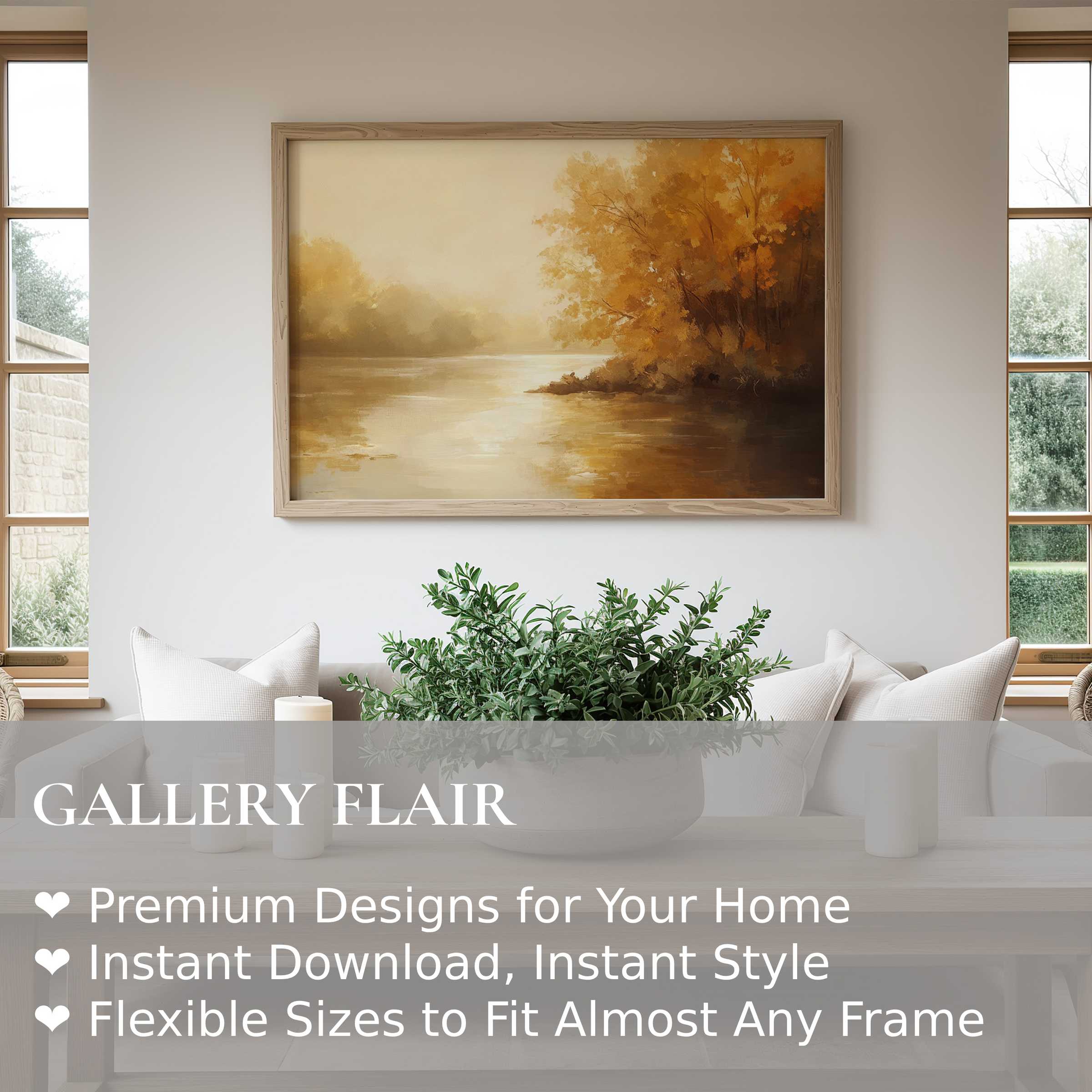 Elegant landscape wall art print featuring warm autumnal hues, radiating calm and sophistication in a modern minimalist living room
