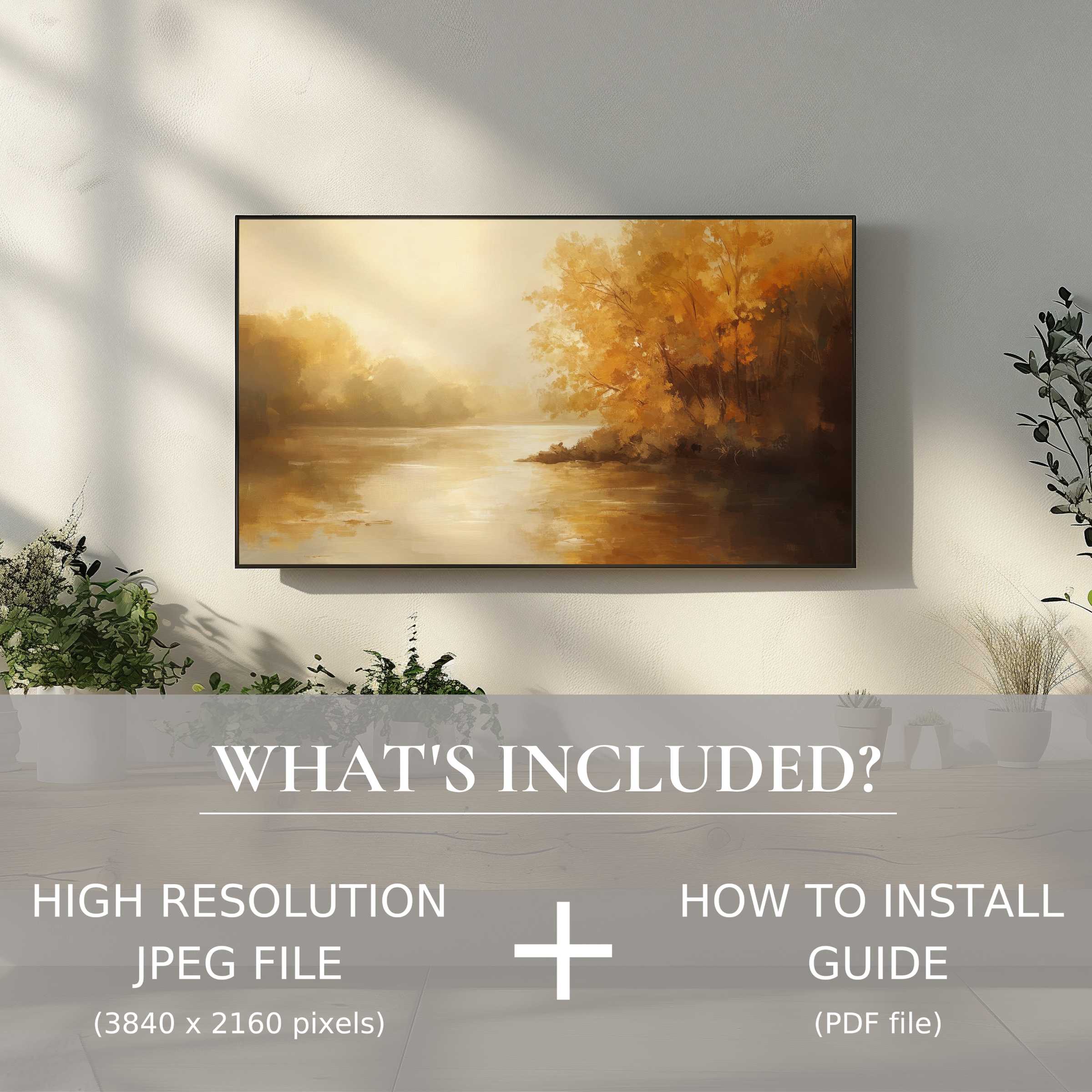 Elegant landscape digital TV art download with autumn hues, easy to use and enhances any modern living space